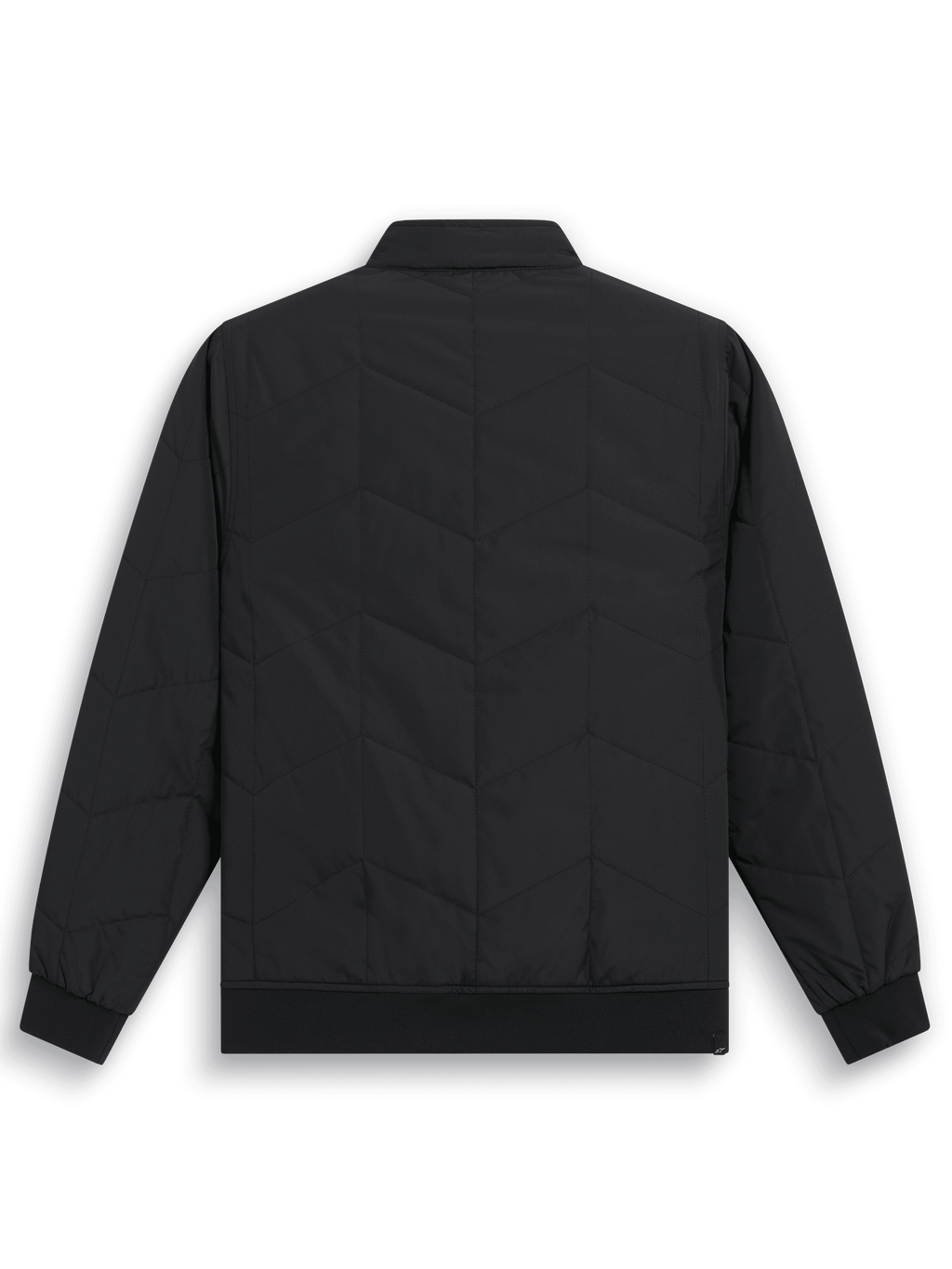 Alpinestars Precedent Jacket, gestepte F1-geïnspireerde sportswear jas, zwart, achteraanzicht met iconisch schuin doorgestikt patroon, ribgebreide manchetten en zoom, lage track-kraag, casual op de motorsport geïnspireerd ontwerp