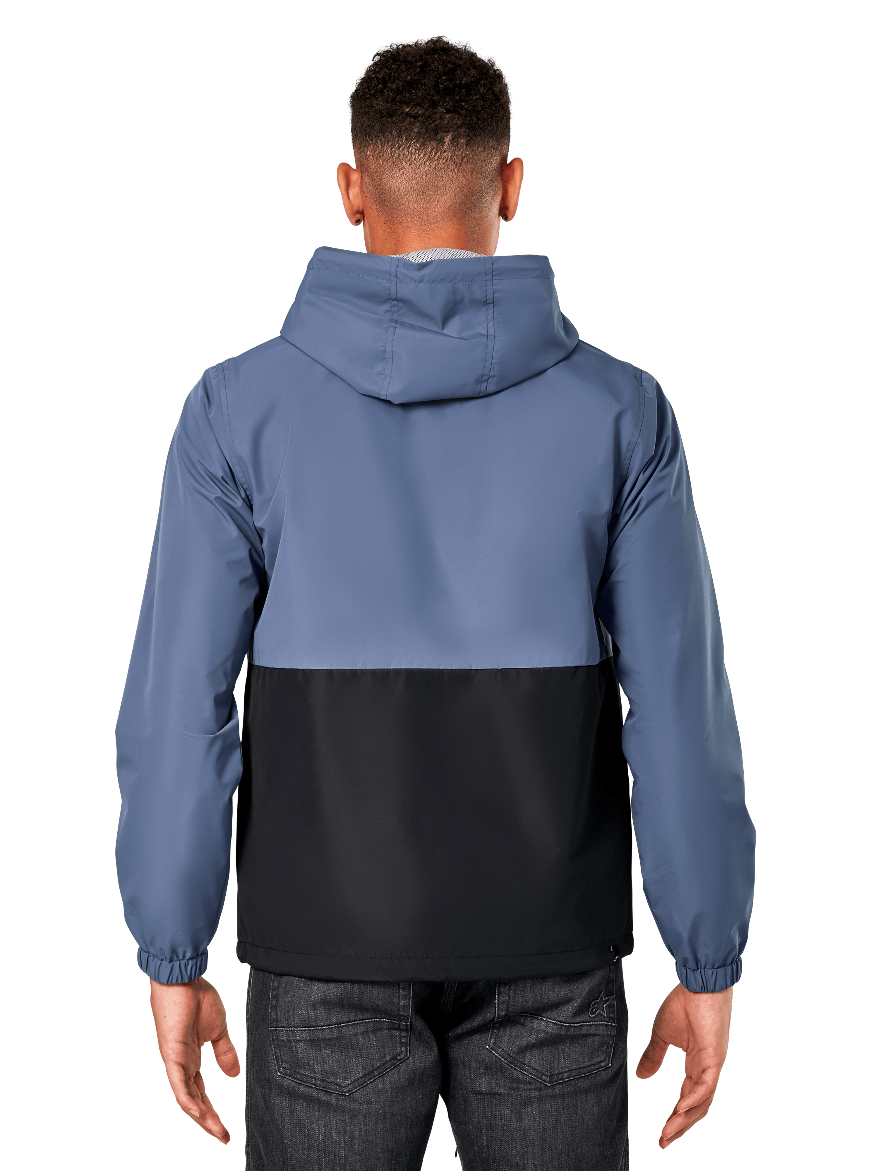 Alpinestars Speeder Windbreaker Jacket, achteraanzicht van een man die een tweekleurige leiblauwe en zwarte jas draagt, kleurblokontwerp, met capuchon, lichtgewicht sportieve vrijetijdskleding met elastische manchetten