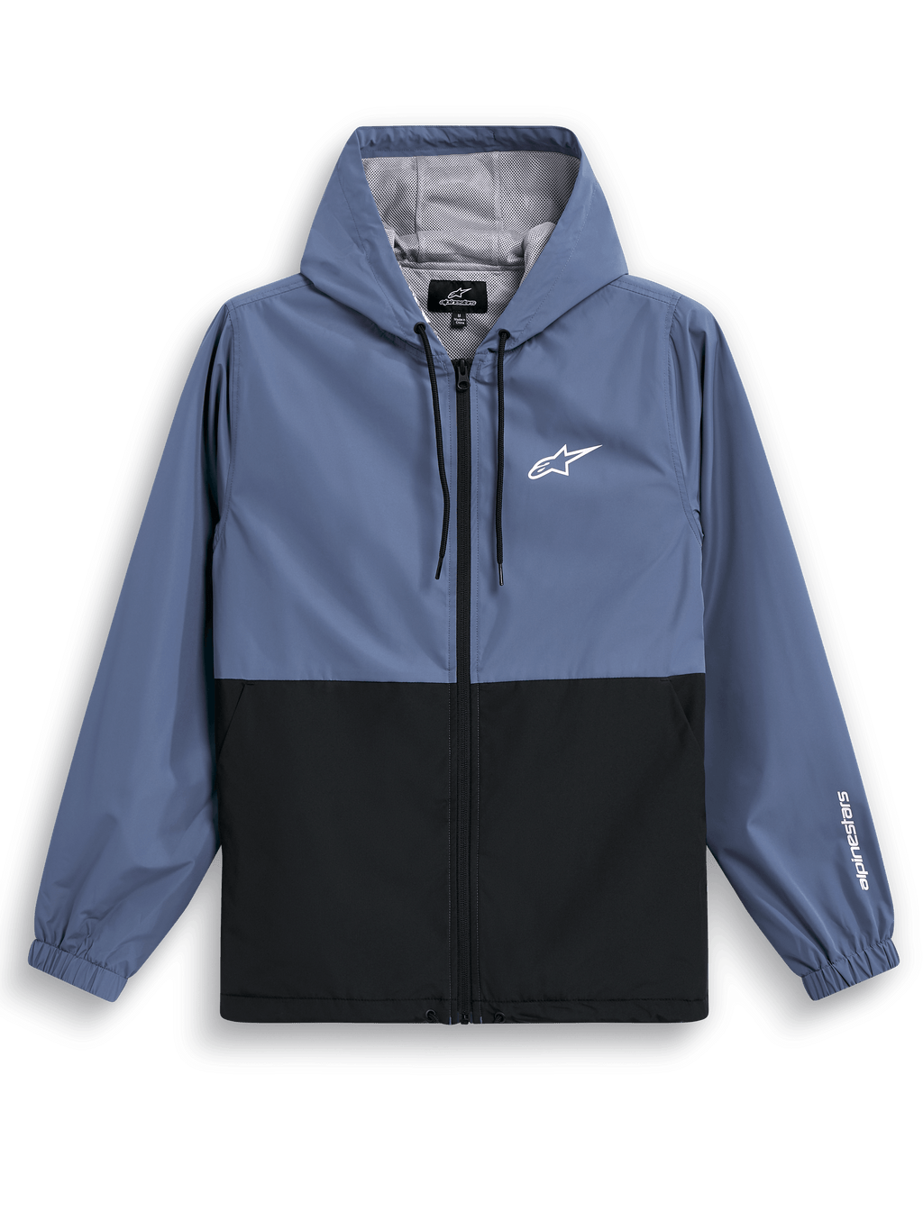 Alpinestars Speeder Windbreaker jas, lichtgewicht windbreaker met capuchon, blauw en zwart, tweekleurig geblokkeerd ontwerp met wit logo op de borst en branding op de mouw, mesh voering en verstelbare capuchon met trekkoord