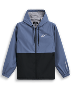 Alpinestars Speeder Windbreaker jas, lichtgewicht windbreaker met capuchon, blauw en zwart, tweekleurig geblokkeerd ontwerp met wit logo op de borst en branding op de mouw, mesh voering en verstelbare capuchon met trekkoord