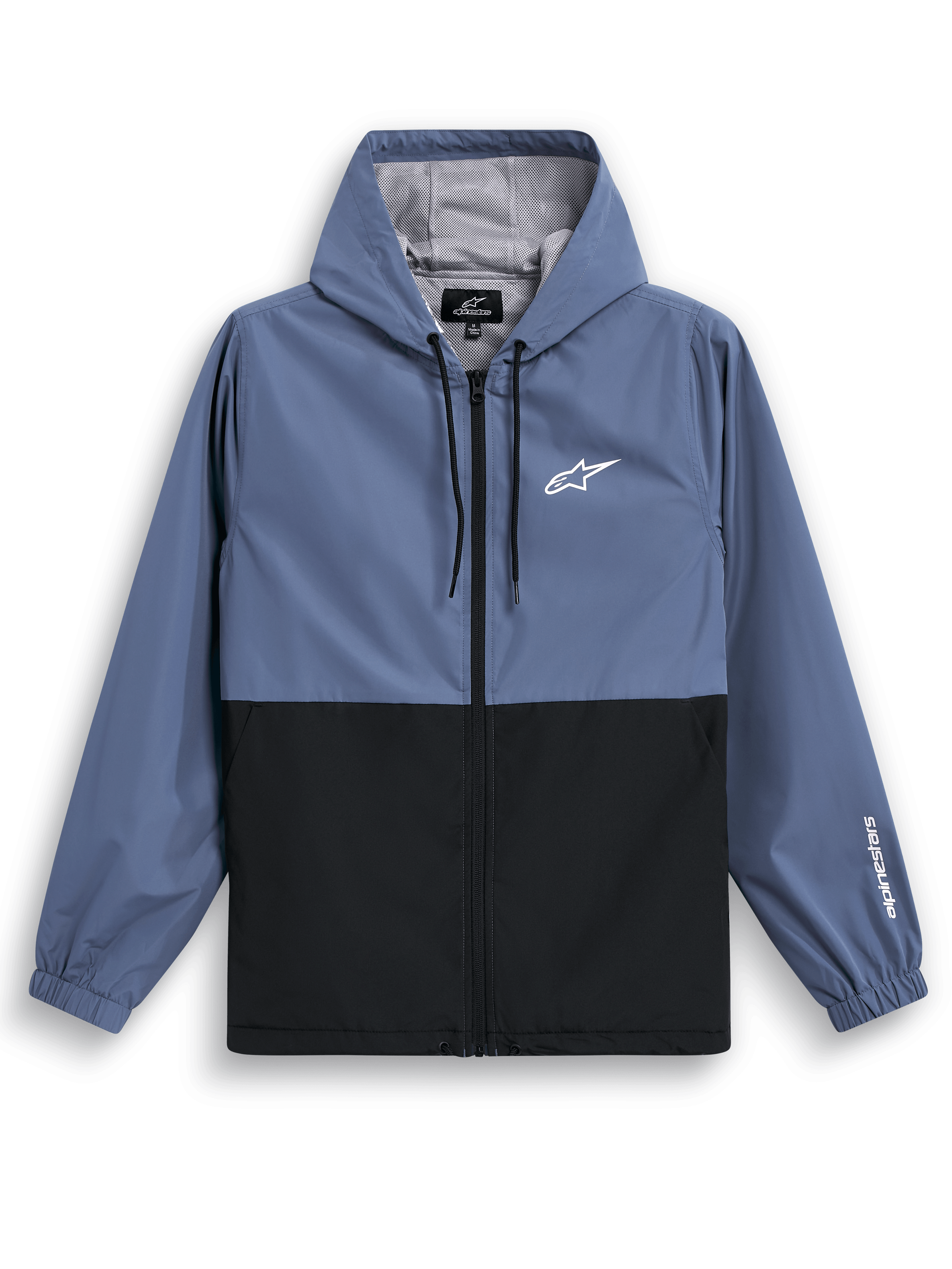 Alpinestars Speeder Windbreaker jas, lichtgewicht windbreaker met capuchon, blauw en zwart, tweekleurig geblokkeerd ontwerp met wit logo op de borst en branding op de mouw, mesh voering en verstelbare capuchon met trekkoord