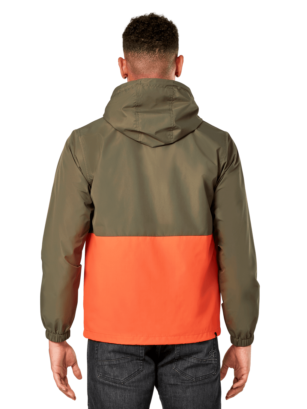 Alpinestars Speeder Windbreaker Jas, lichtgewicht windbreaker met capuchon, militair groen en oranje color-block ontwerp, achteraanzicht met capuchon en elastische manchetten, casual sportkledingstijl