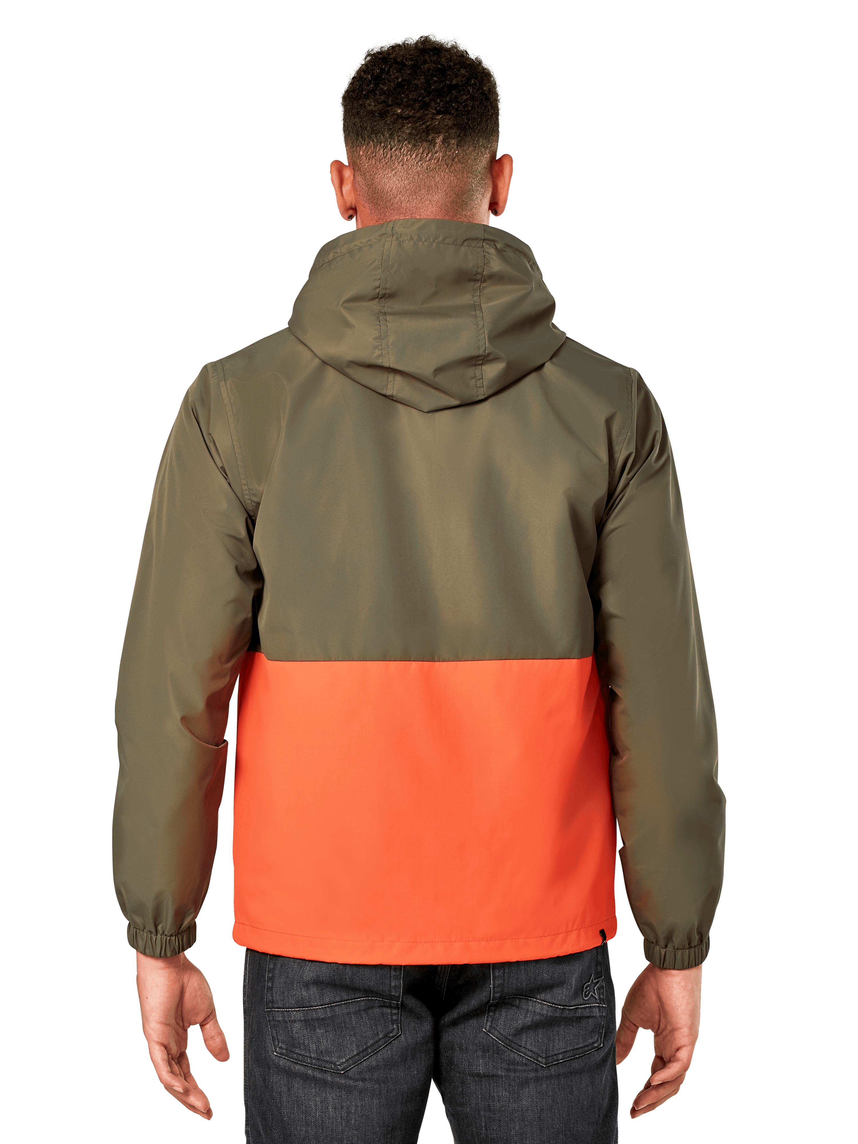 Alpinestars Speeder Windbreaker Jas, lichtgewicht windbreaker met capuchon, militair groen en oranje color-block ontwerp, achteraanzicht met capuchon en elastische manchetten, casual sportkledingstijl