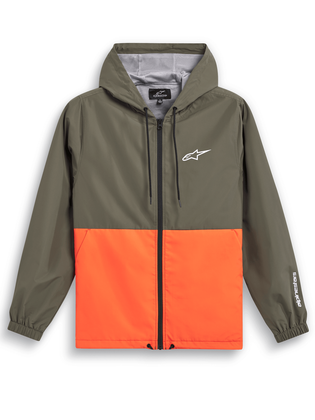Alpinestars Speeder Windbreaker Jas, casual sportkleding, olijfgroen en feloranje kleurvlakken, wit Astars-logo op de borst en mouw, met capuchon en mesh-voering, verstelbare trekkoorden, elastische manchetten