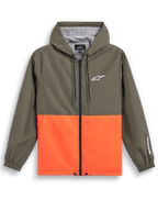 Alpinestars Speeder Windbreaker Jas, casual sportkleding, olijfgroen en feloranje kleurvlakken, wit Astars-logo op de borst en mouw, met capuchon en mesh-voering, verstelbare trekkoorden, elastische manchetten
