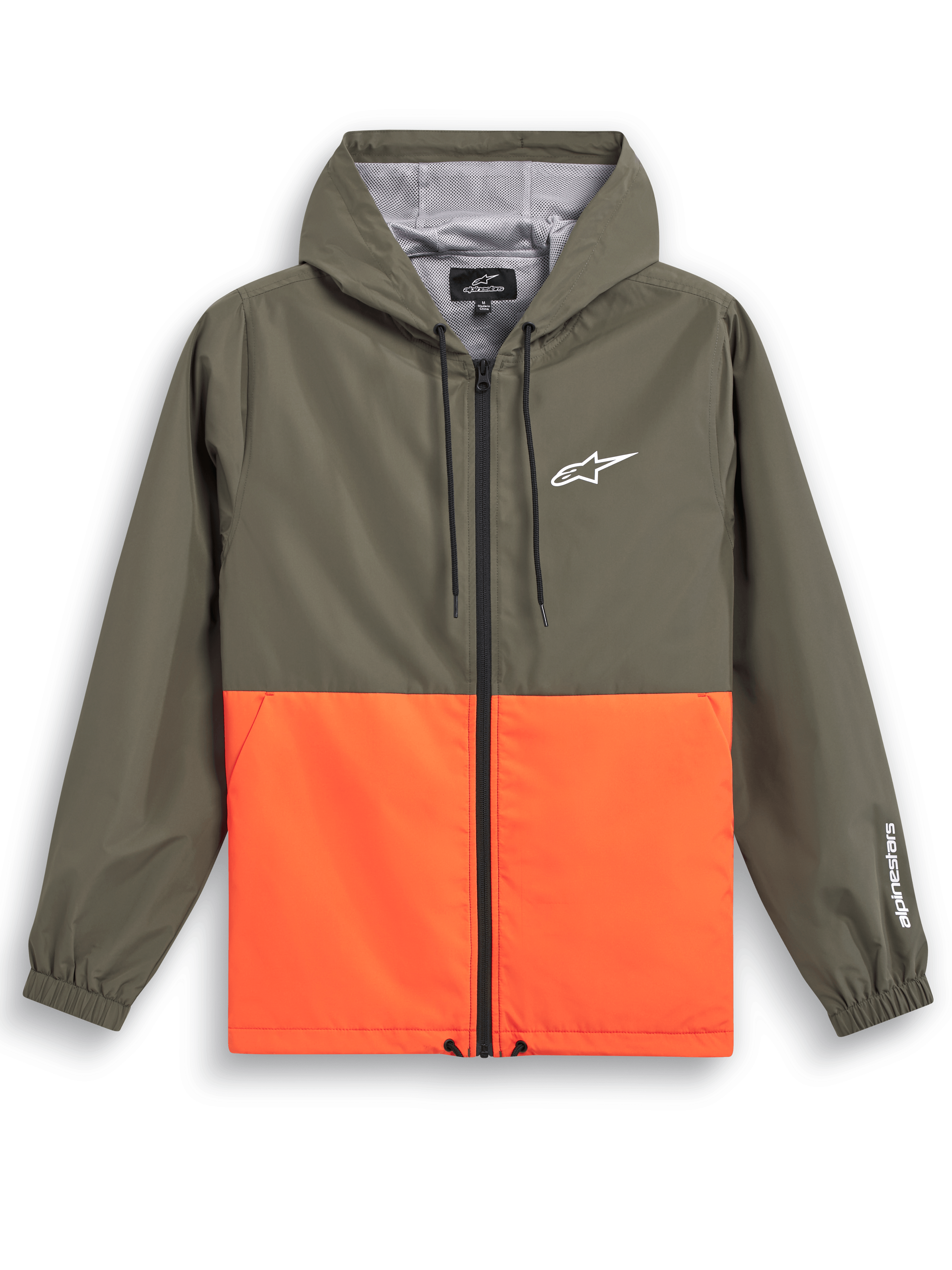Alpinestars Speeder Windbreaker Jas, casual sportkleding, olijfgroen en feloranje kleurvlakken, wit Astars-logo op de borst en mouw, met capuchon en mesh-voering, verstelbare trekkoorden, elastische manchetten