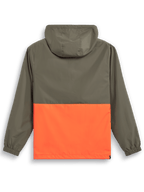 Alpinestars Speeder Windbreaker Jas, lichtgewicht windbreaker met capuchon, Military Orange en olijfgroen, achteraanzicht met kleurvlakken, capuchon en elastische manchetten