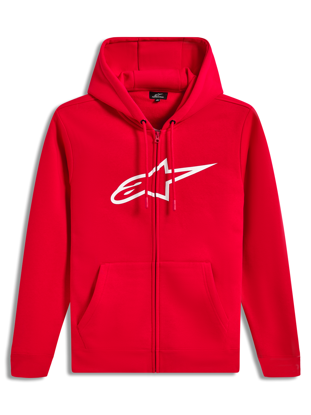 Alpinestars Ageless Zip V3 hoodie, rood en wit fleecevest met rits, groot logo op de borst en capuchon met trekkoord.