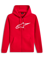 Alpinestars Ageless Zip V3 hoodie, rood en wit fleecevest met rits, groot logo op de borst en capuchon met trekkoord.