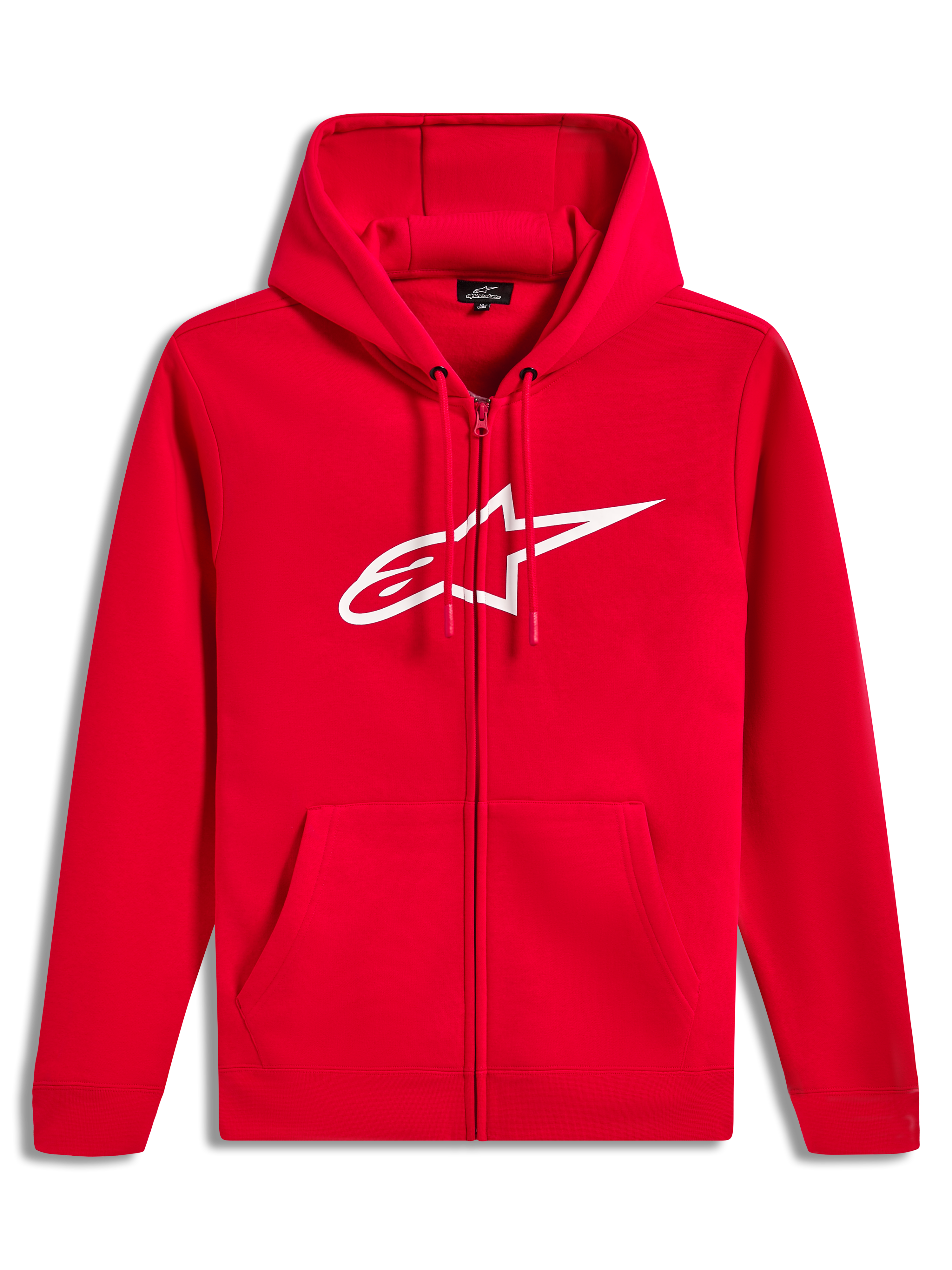 Alpinestars Ageless Zip V3 hoodie, rood en wit fleecevest met rits, groot logo op de borst en capuchon met trekkoord.