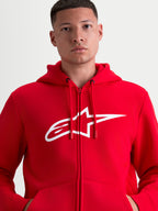 Alpinestars Ageless Zip V3 Hoodie, rode sportswear fleecehoodie voor heren, wit A-star logo op de borst, volledige ritssluiting en capuchon met trekkoorden, motorsport-geïnspireerde vrijetijdskleding.