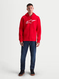 Alpinestars Ageless Zip V3 hoodie, heren sportswear fleecehoodie met rits, rood en wit, voorzien van een opvallend wit logo op de borst, verborgen spiraalrits en geribde manchetten, vooraanzicht op model.