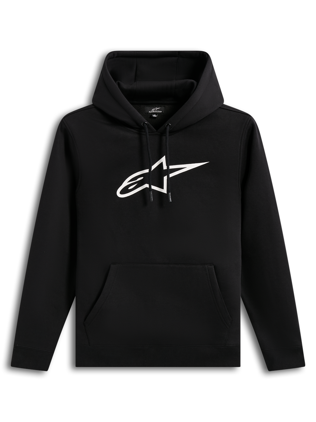 Alpinestars Ageless V3 hoodie, zwarte sportswear-pullover met wit geborduurd logo, kangoeroezak en zachte fleece voering.