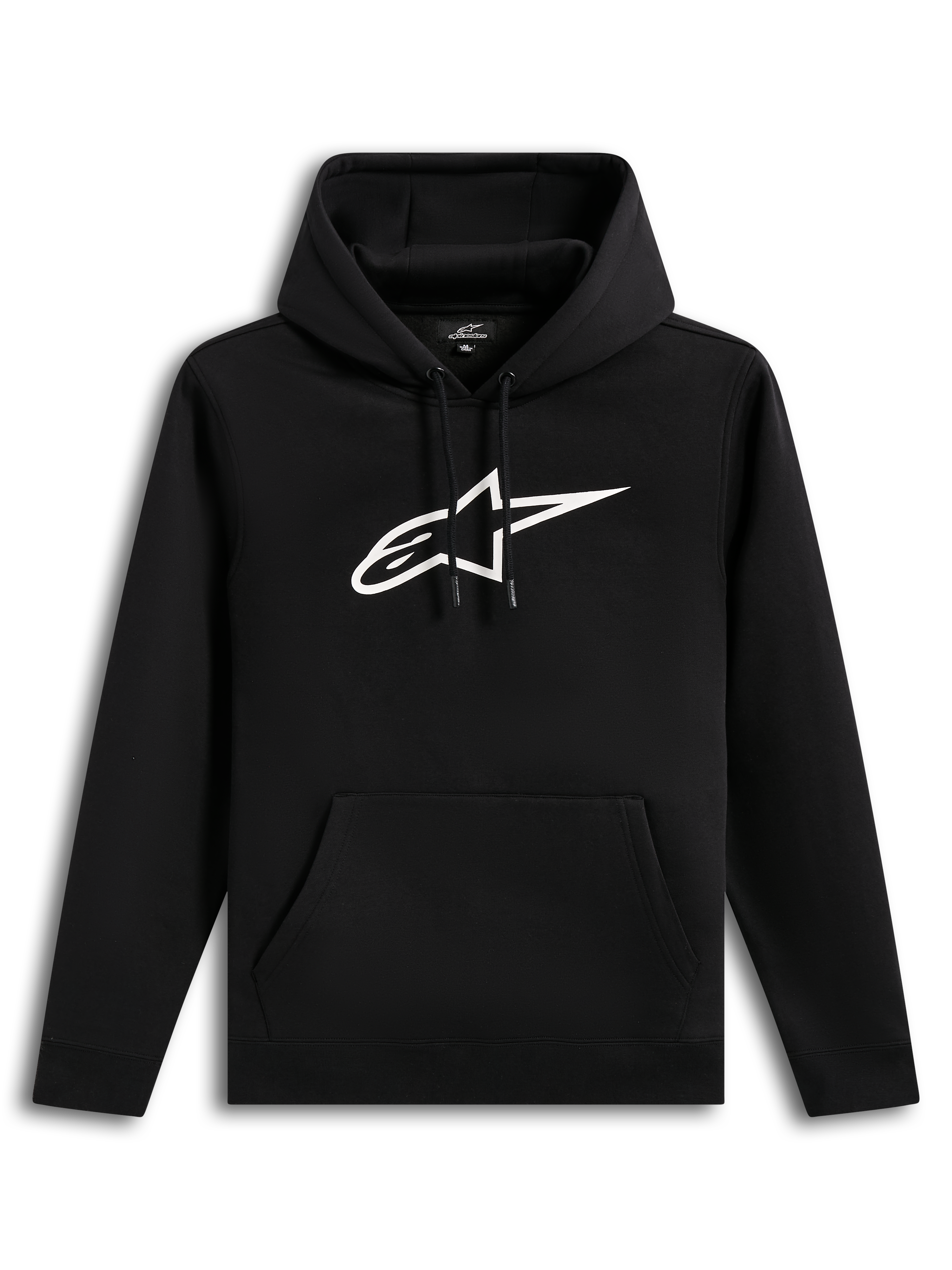 Alpinestars Ageless V3 hoodie, zwarte sportswear-pullover met wit geborduurd logo, kangoeroezak en zachte fleece voering.