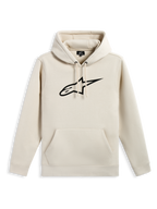 Alpinestars Ageless V3 Hoodie, casual fleece pullover, off-white met zwart geborduurd sterlogo, capuchon met trekkoord, kangoeroezak, geribde manchetten en zoom, motorsport-geïnspireerde streetwear