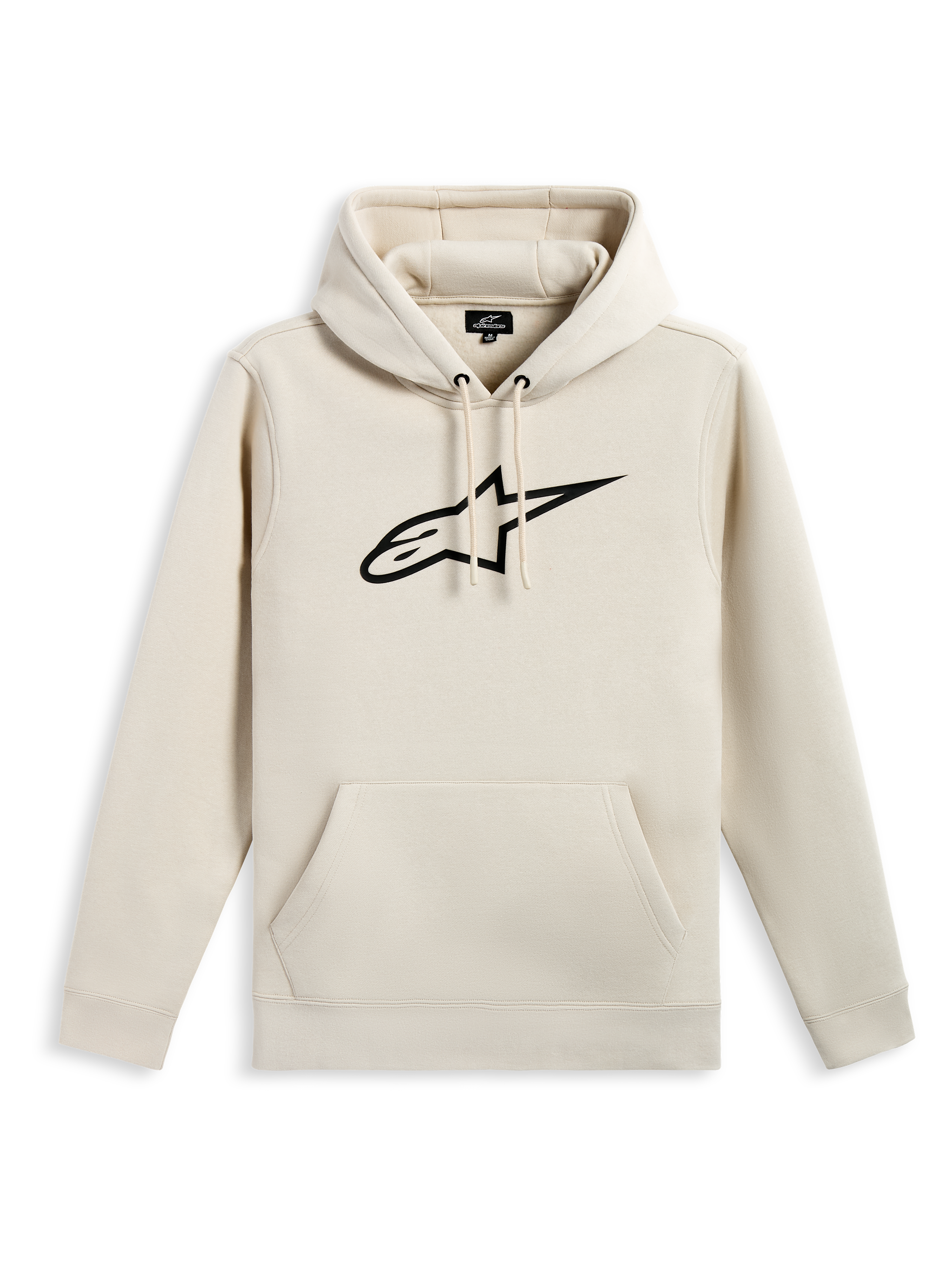 Alpinestars Ageless V3 Hoodie, casual fleece pullover, off-white met zwart geborduurd sterlogo, capuchon met trekkoord, kangoeroezak, geribde manchetten en zoom, motorsport-geïnspireerde streetwear