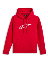 Alpinestars Ageless V3 Hoodie, rood met wit geborduurd logo, fleece pullover met capuchon, capuchon met trekkoord, kangoeroezak, casual streetwear geïnspireerd op de motorsport