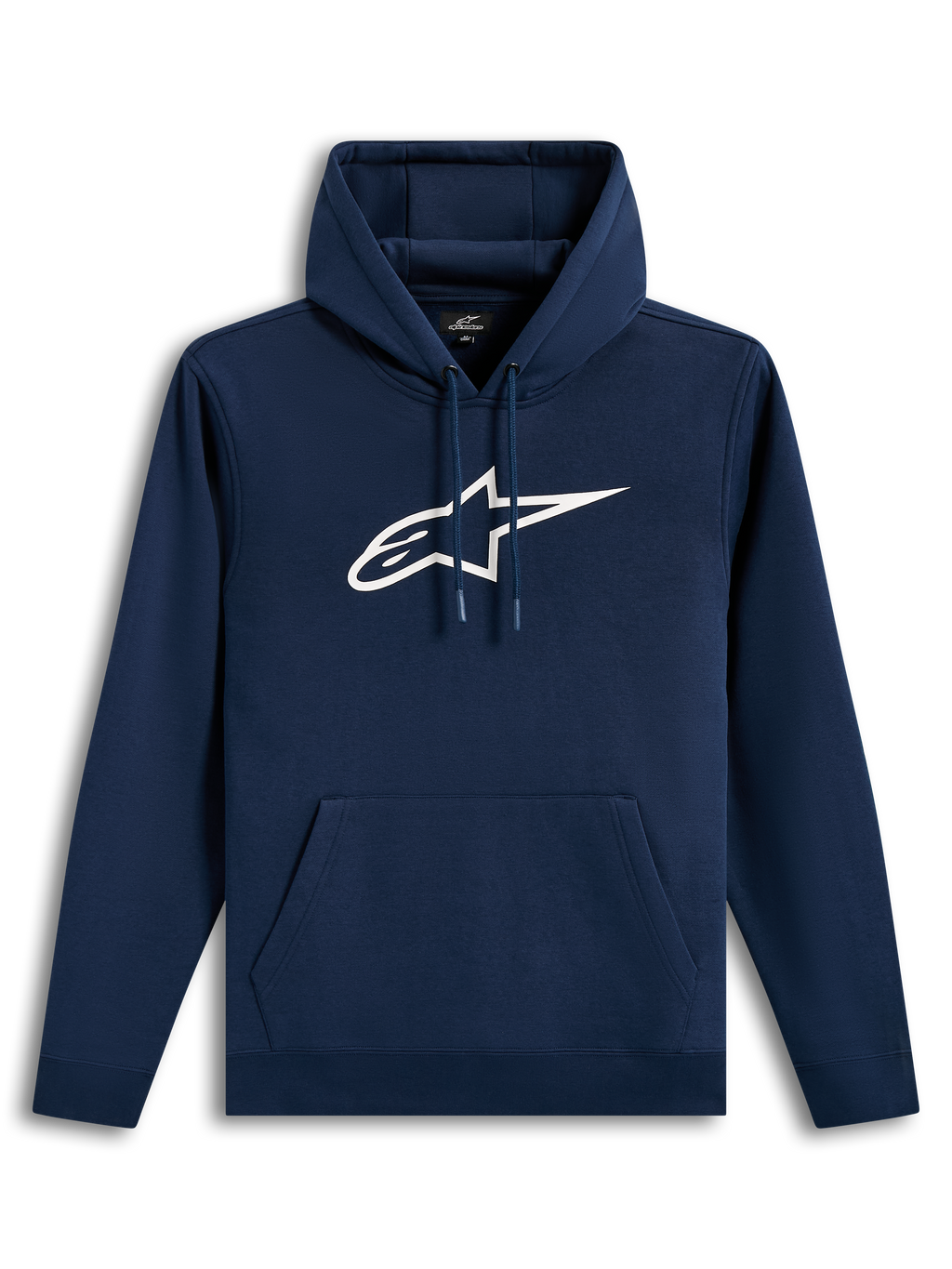 Alpinestars Ageless V3 Hoodie, donkerblauwe casual sportswear-trui met groot wit geborduurd logo op de borst.