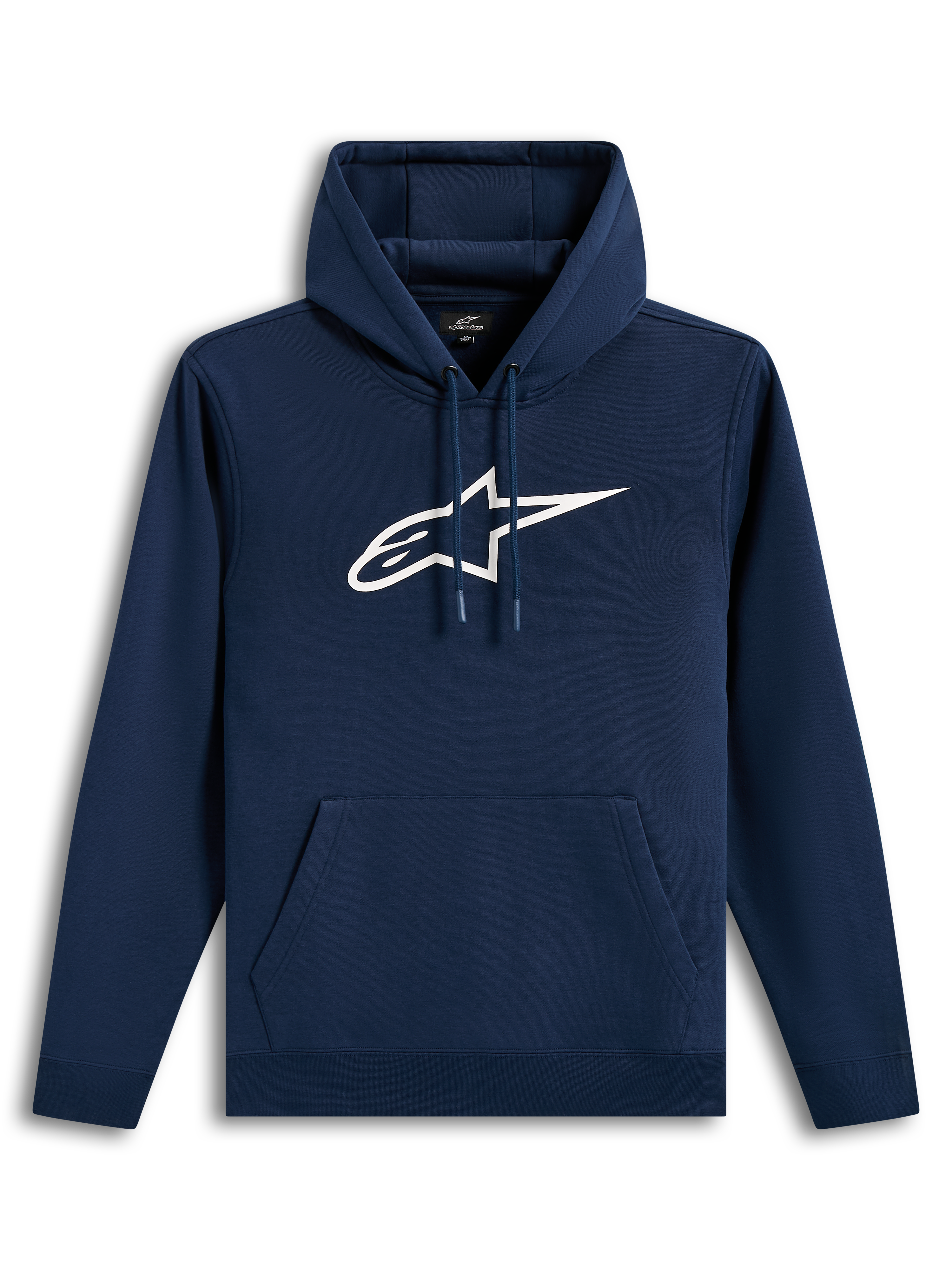 Alpinestars Ageless V3 Hoodie, donkerblauwe casual sportswear-trui met groot wit geborduurd logo op de borst.