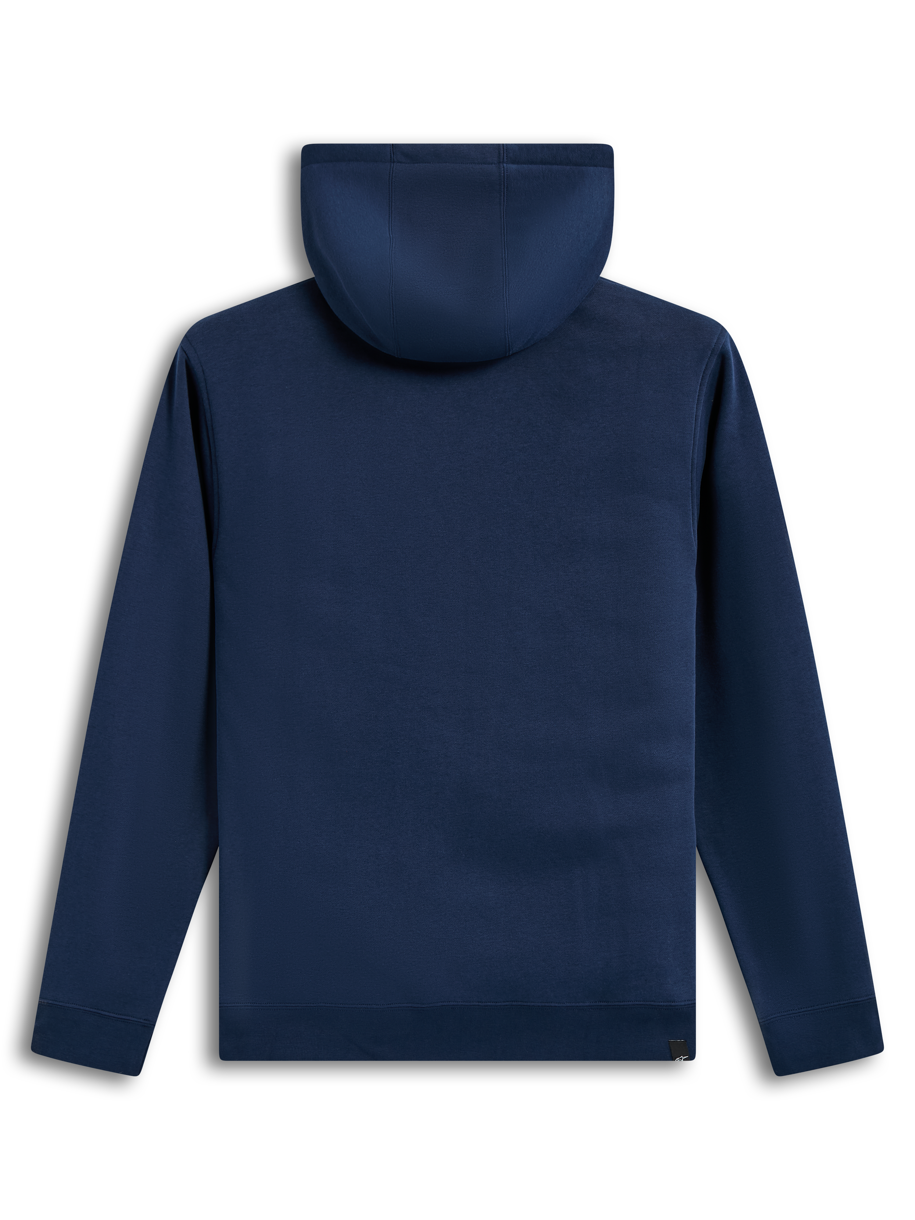 Alpinestars Ageless V3 hoodie, marineblauwe fleece sporttrui, achteraanzicht met capuchon en geribbelde zoom.