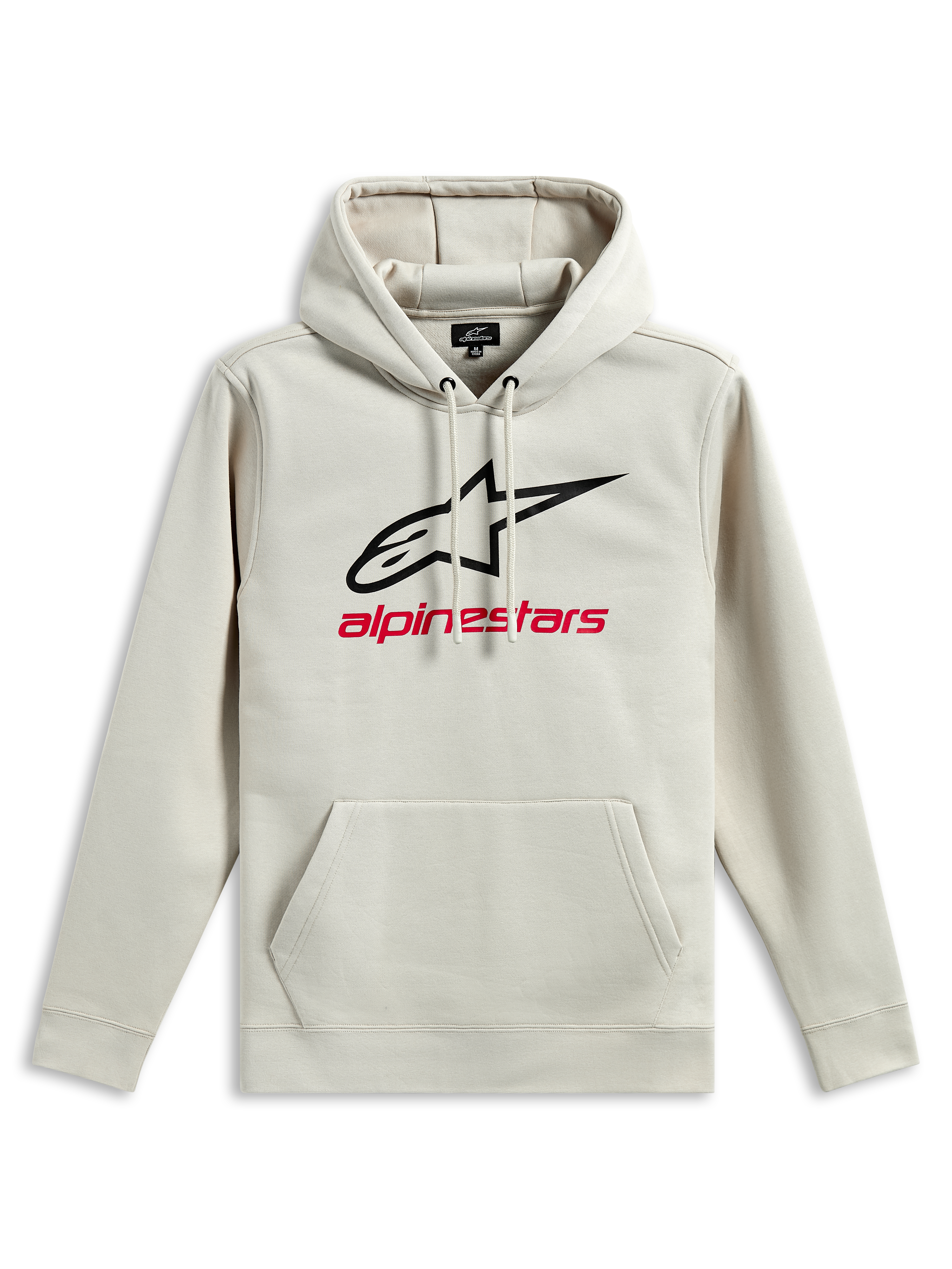 Alpinestars Always V3 Hoodie, fleece hoodie met capuchon, Off White, zwart sterlogo en rode Alpinestars-tekst op de borst, kangoeroezak, capuchon met trekkoord, casual op motorsport geïnspireerde sportswear