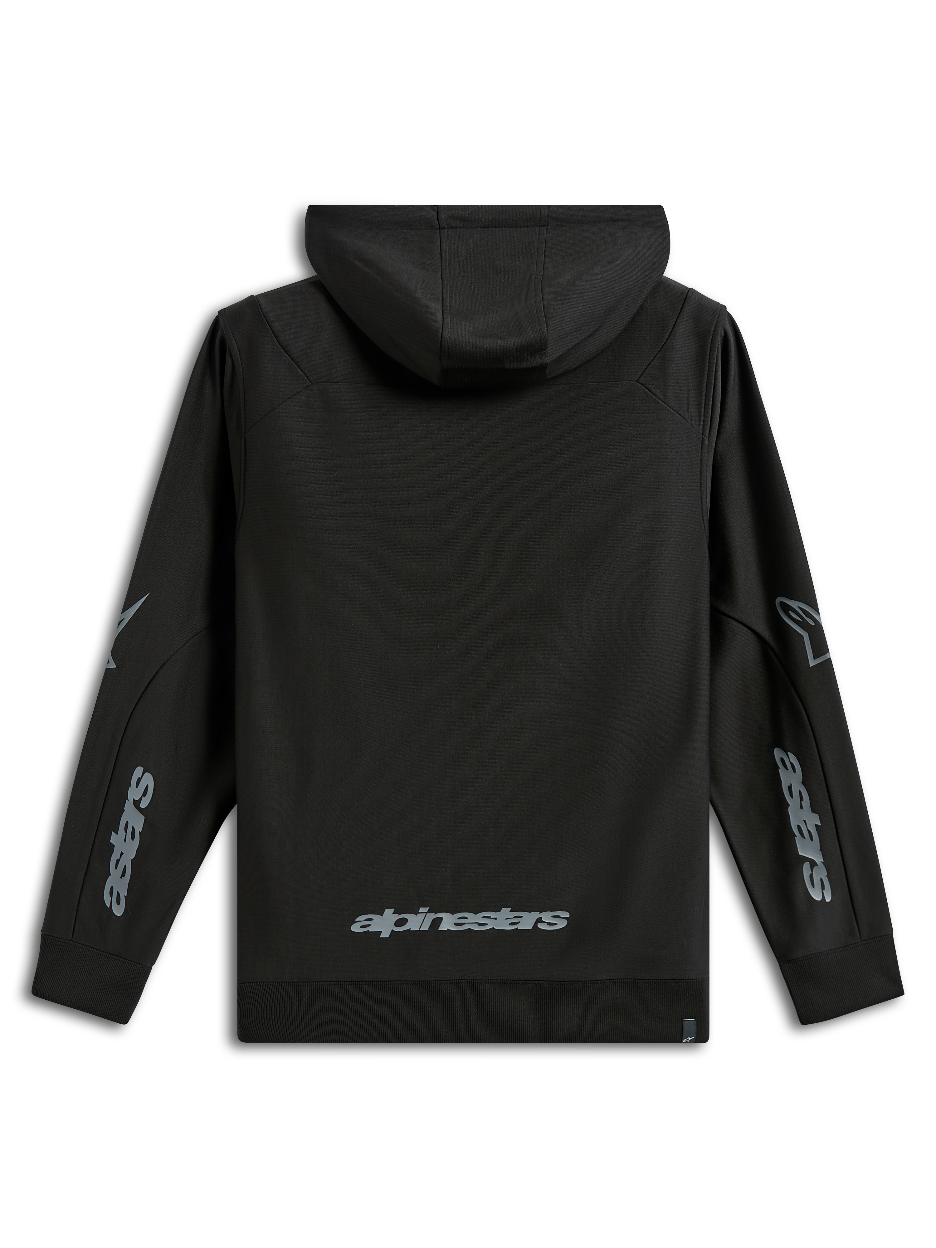 Alpinestars Sessions V3 Hoodie, casual sportswear, Black with gray branding, back view featuring Alpinestars wordmark on the lower back and Astars graphics on the sleeves, hooded poly fleece with ribbed cuffs, modern motorsport-inspired design