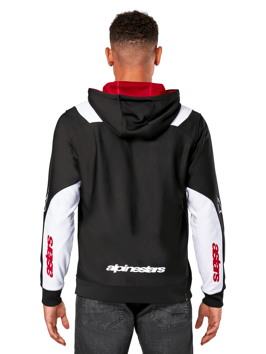 Alpinestars Sessions V3 Hoodie, achteraanzicht, zwart met witte mouwpanelen en rode capuchonvoering, voorzien van wit woordmerk op de rug en rode branding op de mouwen, casual streetwear geïnspireerd op de motorsport