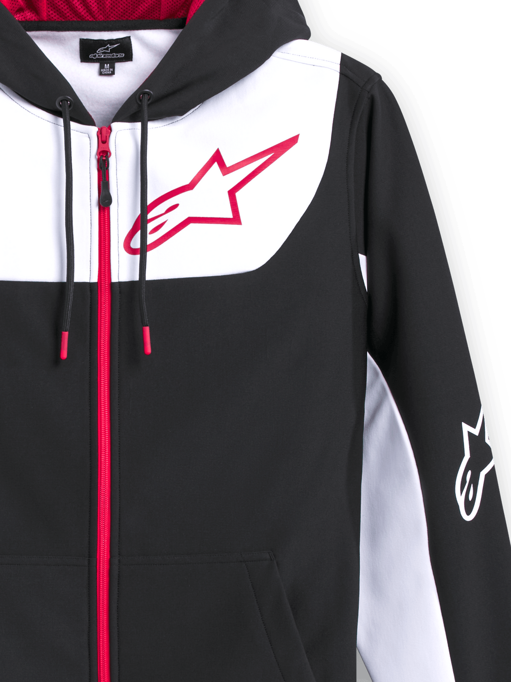 Alpinestars Sessions V3 Hoodie, poly fleece hoodie met rits, zwart met witte en rode accenten, voorzien van een groot rood Alpinestars-sterlogo op de borst, rode ritssluiting aan de voorzijde, trekkoorden met rode uiteinden en een wit logo op de mouw, casual op motorsport geïnspireerd ontwerp