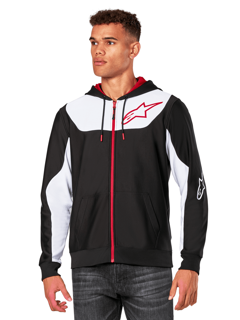 Alpinestars Sessions V3 hoodie, hoodie met rits, zwart met witte panelen en rode accenten, voorzien van een rode rits, mesh-gevoerde capuchon en Alpinestars sterlogo op de borst, casual motorsport-geïnspireerde streetwear