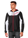 Alpinestars Sessions V3 hoodie, hoodie met rits, zwart met witte panelen en rode accenten, voorzien van een rode rits, mesh-gevoerde capuchon en Alpinestars sterlogo op de borst, casual motorsport-geïnspireerde streetwear