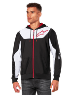 Alpinestars Sessions V3 hoodie, hoodie met rits, zwart met witte panelen en rode accenten, voorzien van een rode rits, mesh-gevoerde capuchon en Alpinestars sterlogo op de borst, casual motorsport-geïnspireerde streetwear