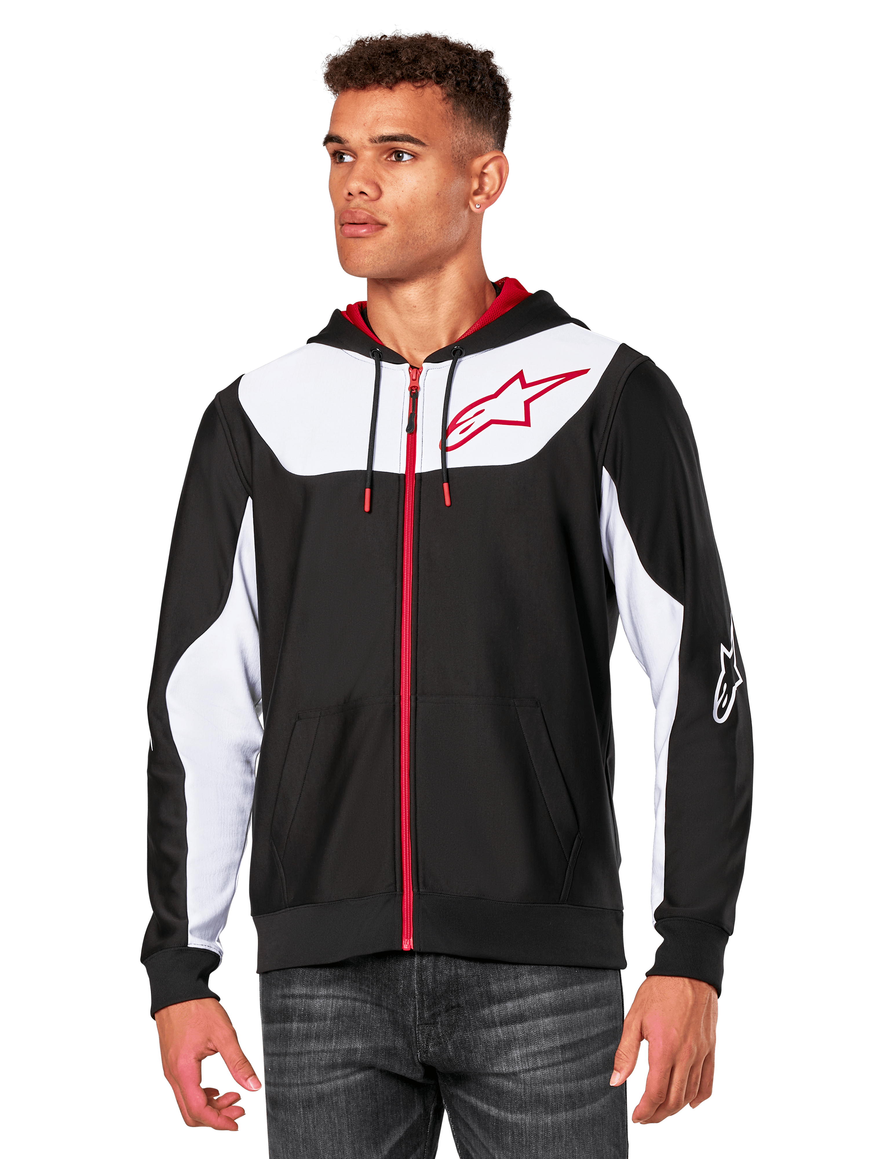 Alpinestars Sessions V3 hoodie, hoodie met rits, zwart met witte panelen en rode accenten, voorzien van een rode rits, mesh-gevoerde capuchon en Alpinestars sterlogo op de borst, casual motorsport-geïnspireerde streetwear
