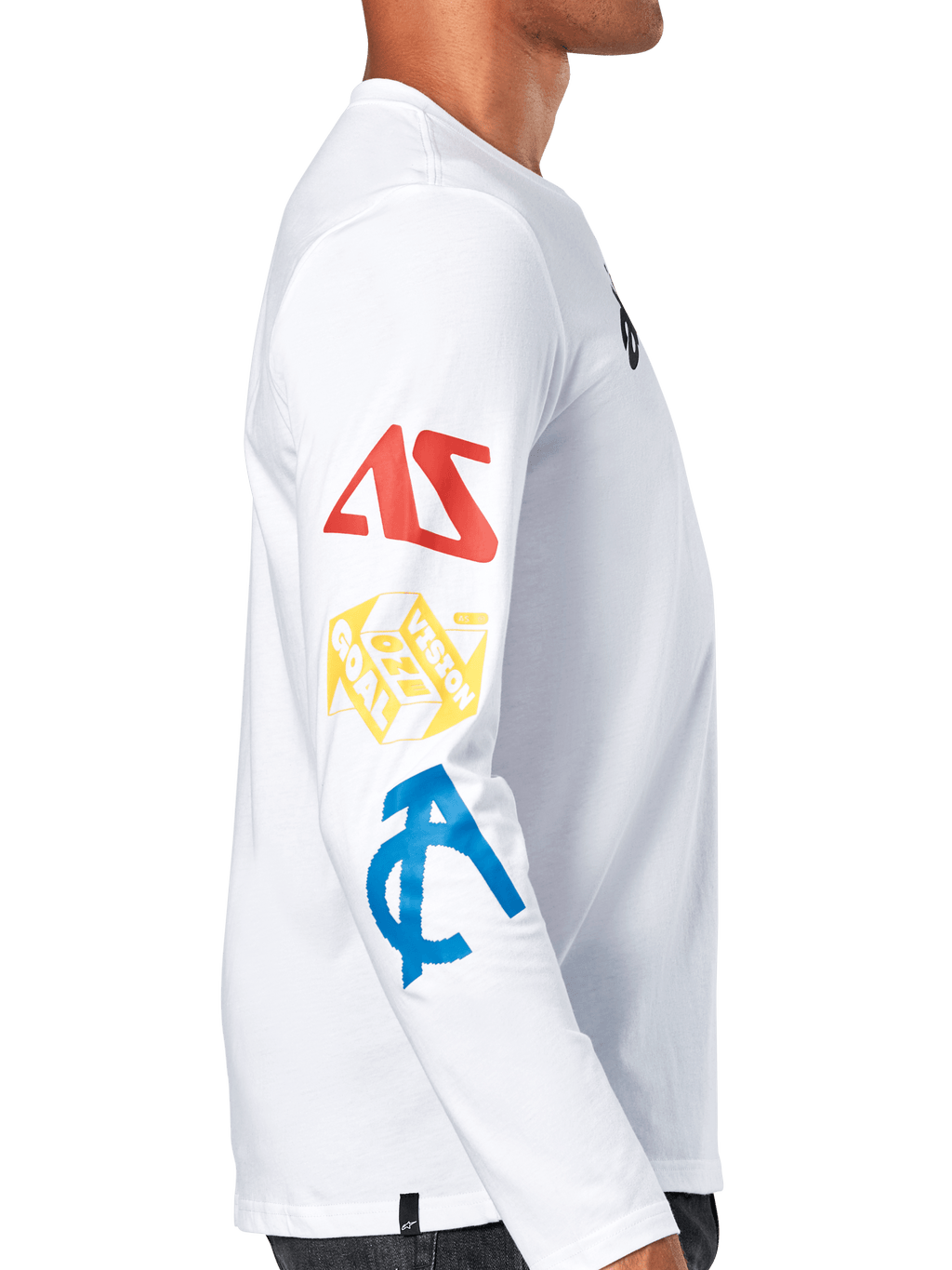 Alpinestars Brundo CSF Tee, T-shirt met lange mouwen, wit, zijaanzicht met veelkleurige graphics op de mouw in rood, geel en blauw, casual motorsport streetwear