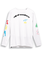 Alpinestars Brundo CSF Tee, wit T-shirt met lange mouwen, met kleurrijke multi-mix logo-graphics op de borst en mouwen, gebogen zwarte Alpinestars-branding, casual motorsport streetwear