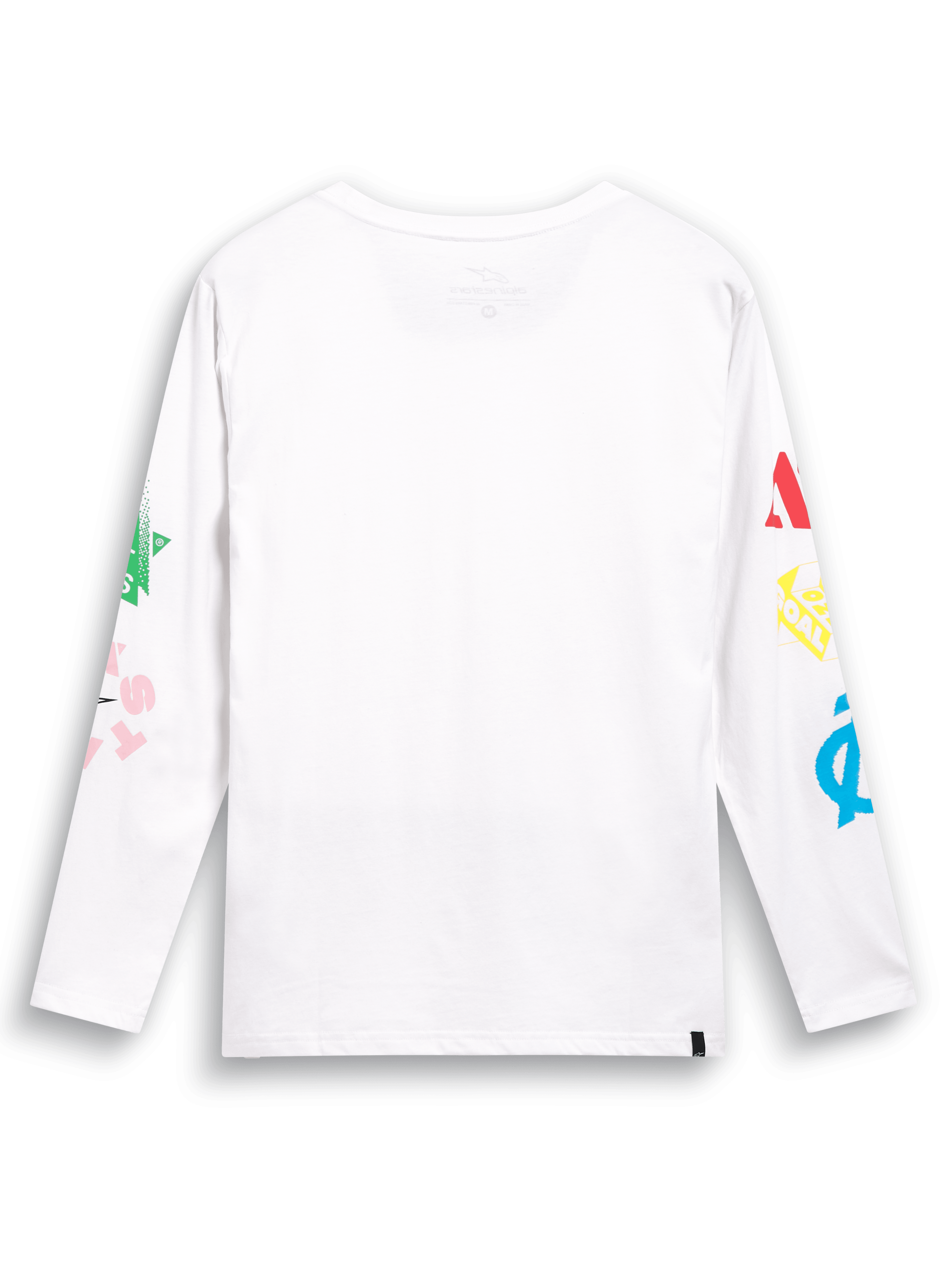 Alpinestars Brundo CSF Tee, T-shirt met lange mouwen, wit, achteraanzicht met kleurrijke multi-mix logo-graphics op beide mouwen, casual streetwear geïnspireerd op de motorsport