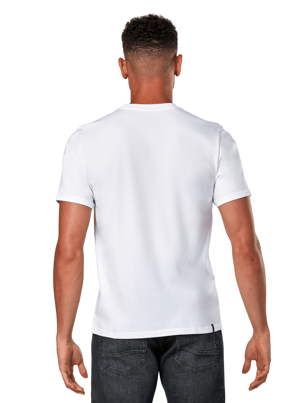 Alpinestars Glyfs CSF Tee, T-shirt met korte mouwen, wit, achteraanzicht van mannelijk model in effen wit shirt en donkere denim, casual motorsport streetwear