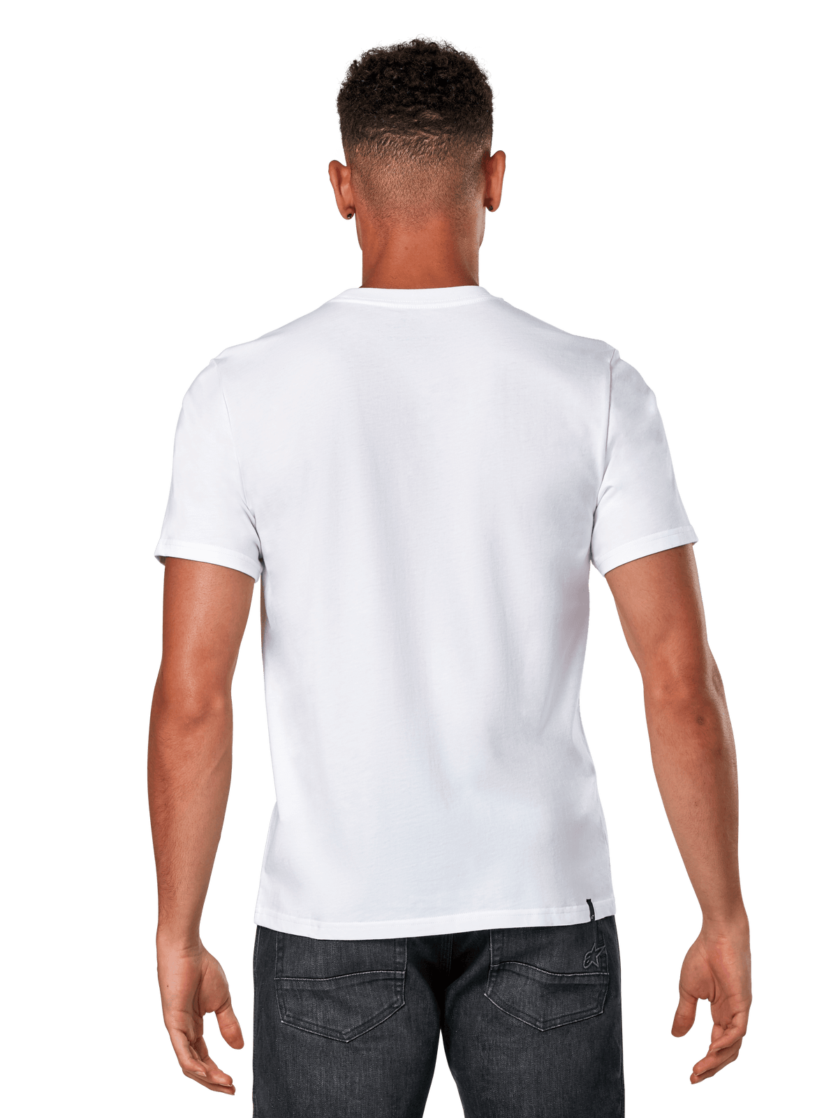 Alpinestars Glyfs CSF Tee, T-shirt met korte mouwen, wit, achteraanzicht van mannelijk model in effen wit shirt en donkere denim, casual motorsport streetwear