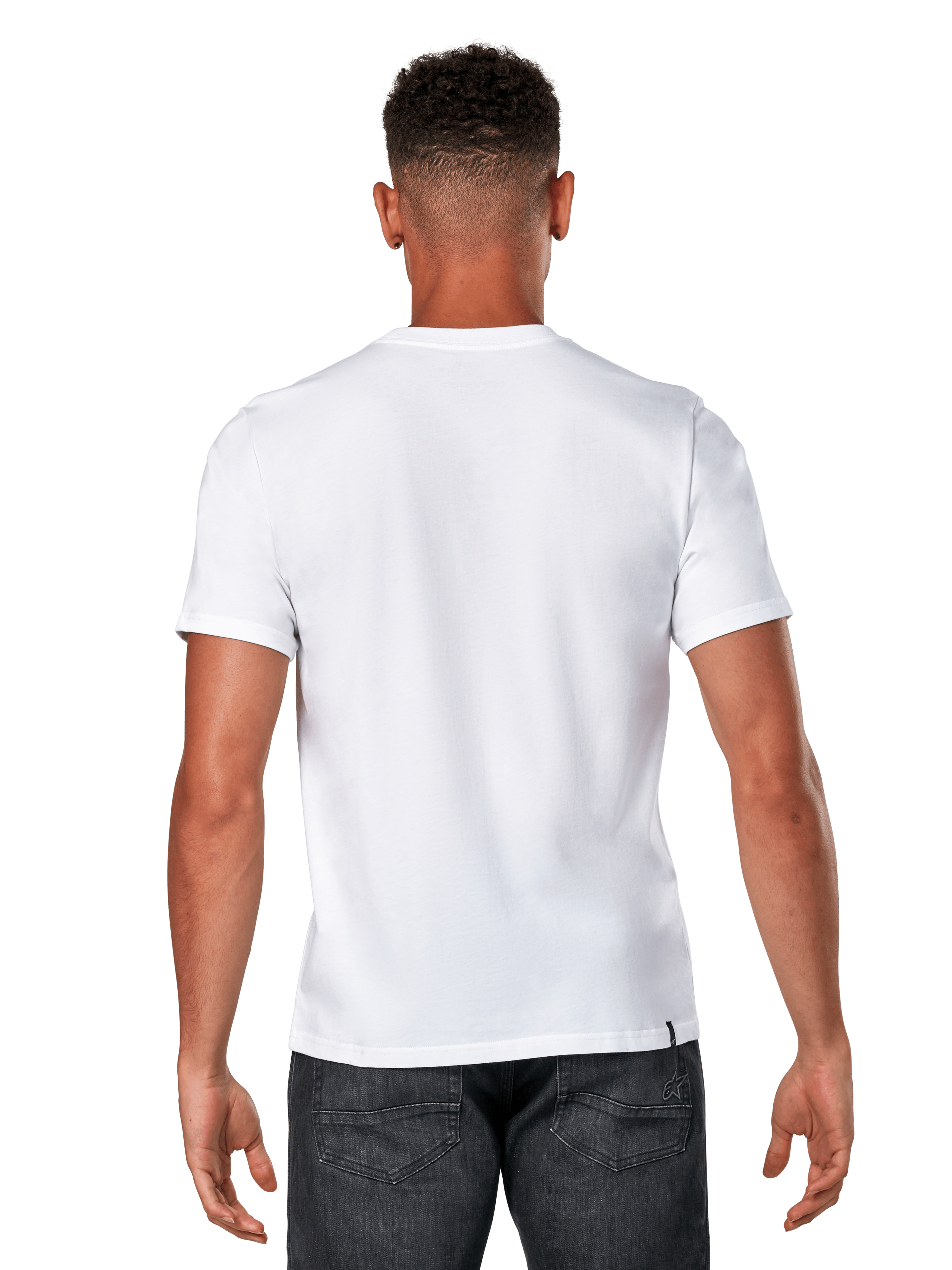 Alpinestars Glyfs CSF Tee, T-shirt met korte mouwen, wit, achteraanzicht van mannelijk model in effen wit shirt en donkere denim, casual motorsport streetwear