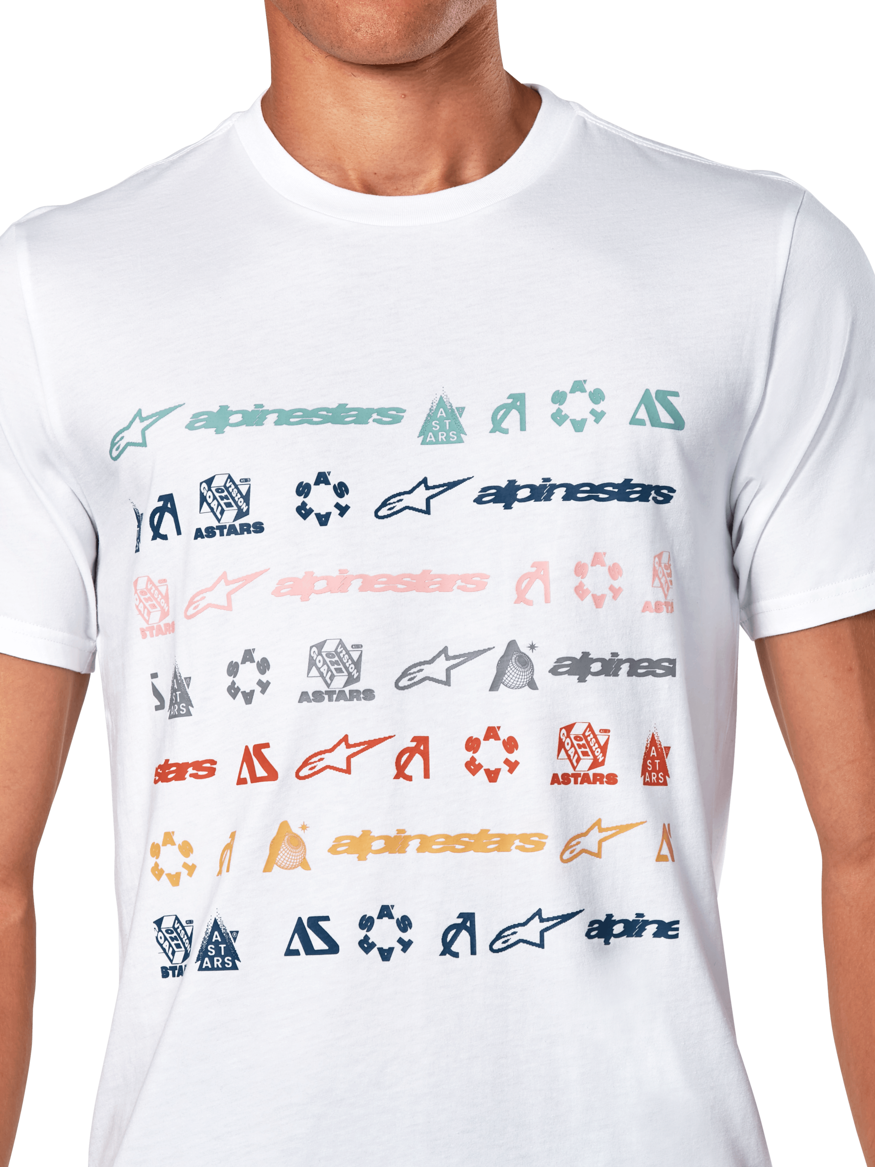 Alpinestars Glyfs CSF Tee, T-shirt met korte mouwen, wit, voorzien van meerdere rijen kleurrijke Alpinestars-logo's en symbolen in een gestreepte grafische print, casual streetwear geïnspireerd op de motorsport