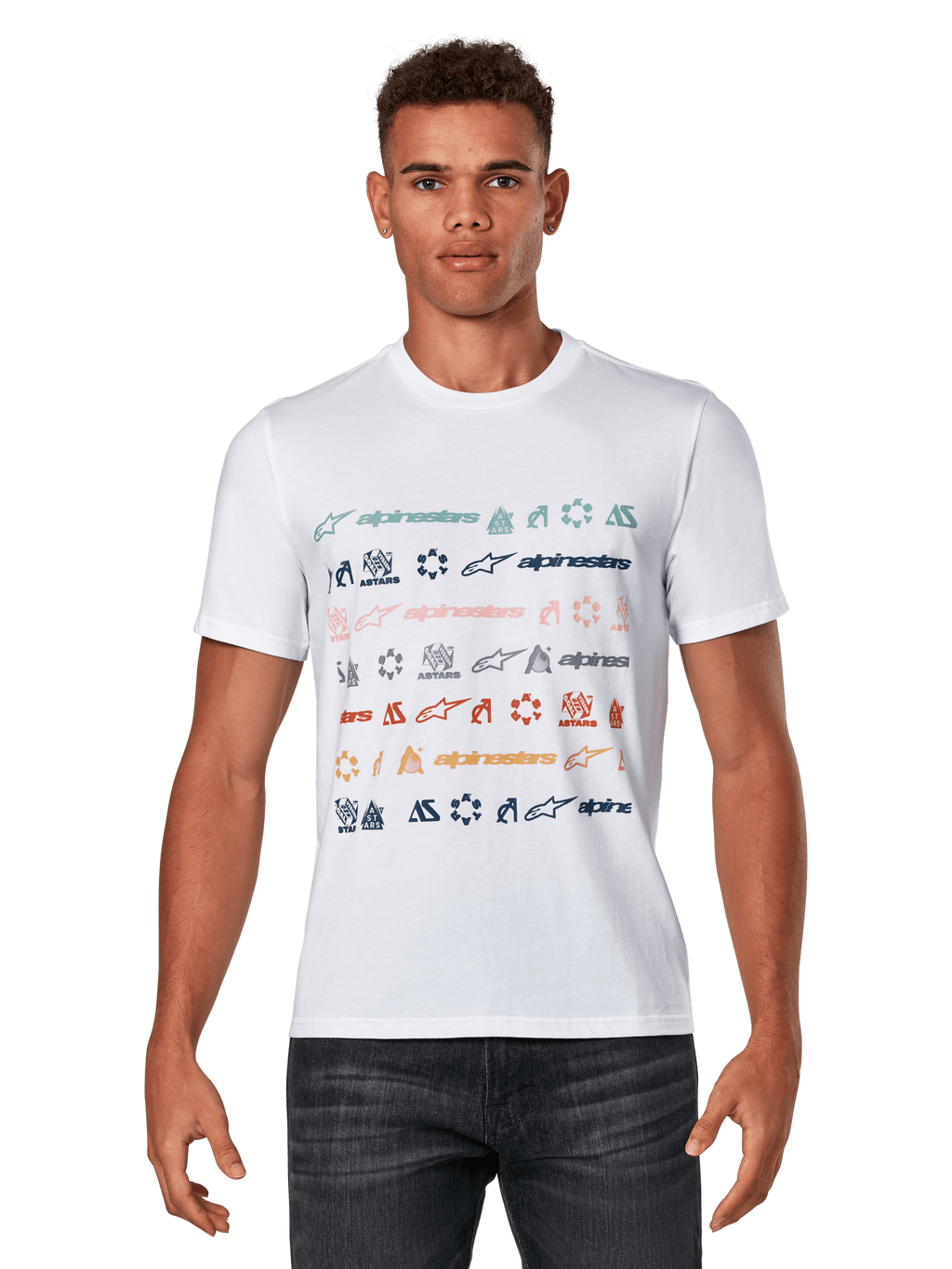 Alpinestars Glyfs CSF Tee, T-shirt met korte mouwen, wit, voorzien van een gestreepte grafische print met meerdere logo's en kleurrijke iconen op de voorzijde, casual motorsport sportkleding