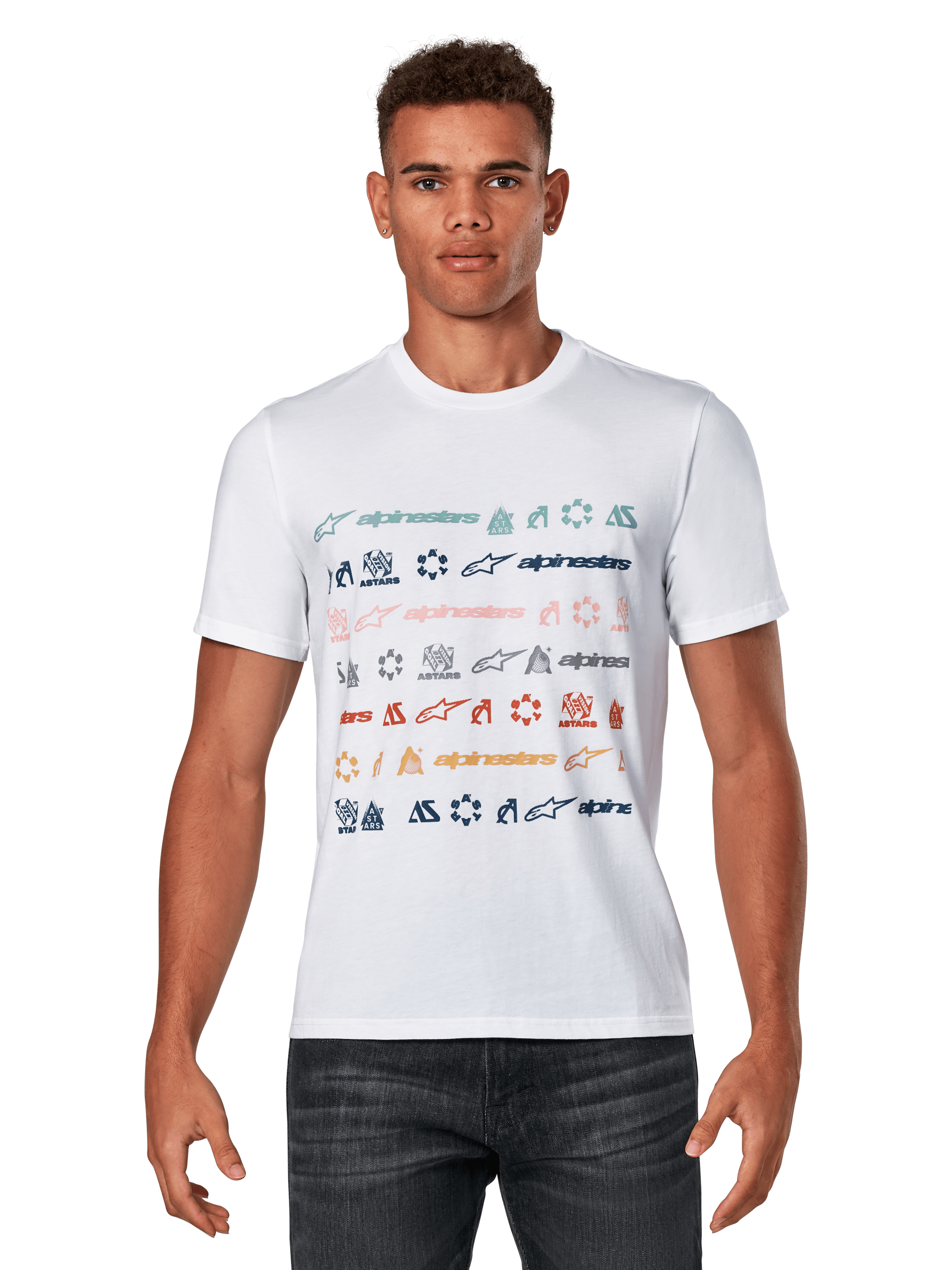 Alpinestars Glyfs CSF Tee, T-shirt met korte mouwen, wit, voorzien van een gestreepte grafische print met meerdere logo's en kleurrijke iconen op de voorzijde, casual motorsport sportkleding