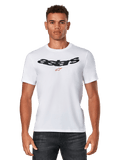 Alpinestars Elliptic CSF Tee, wit T-shirt met korte mouwen gedragen door een model, zwart gebogen Astars-logo met rode ster-graphic op de borst, casual motorsportkleding