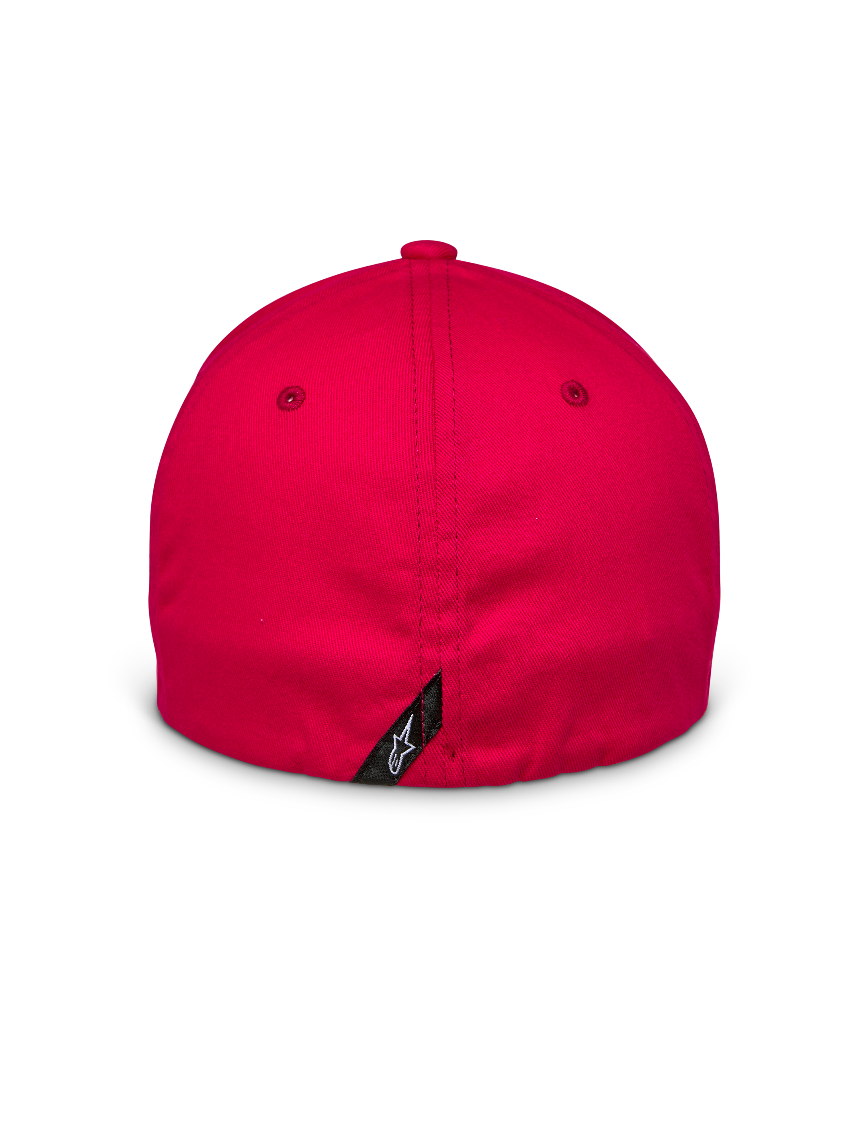 Alpinestars Arcstars pet, rood, achteraanzicht met flex-back sluiting, klein zwart label met wit Astars-logo op de middennaad, gestructureerde stretch twill-stof, casual motorsport pet