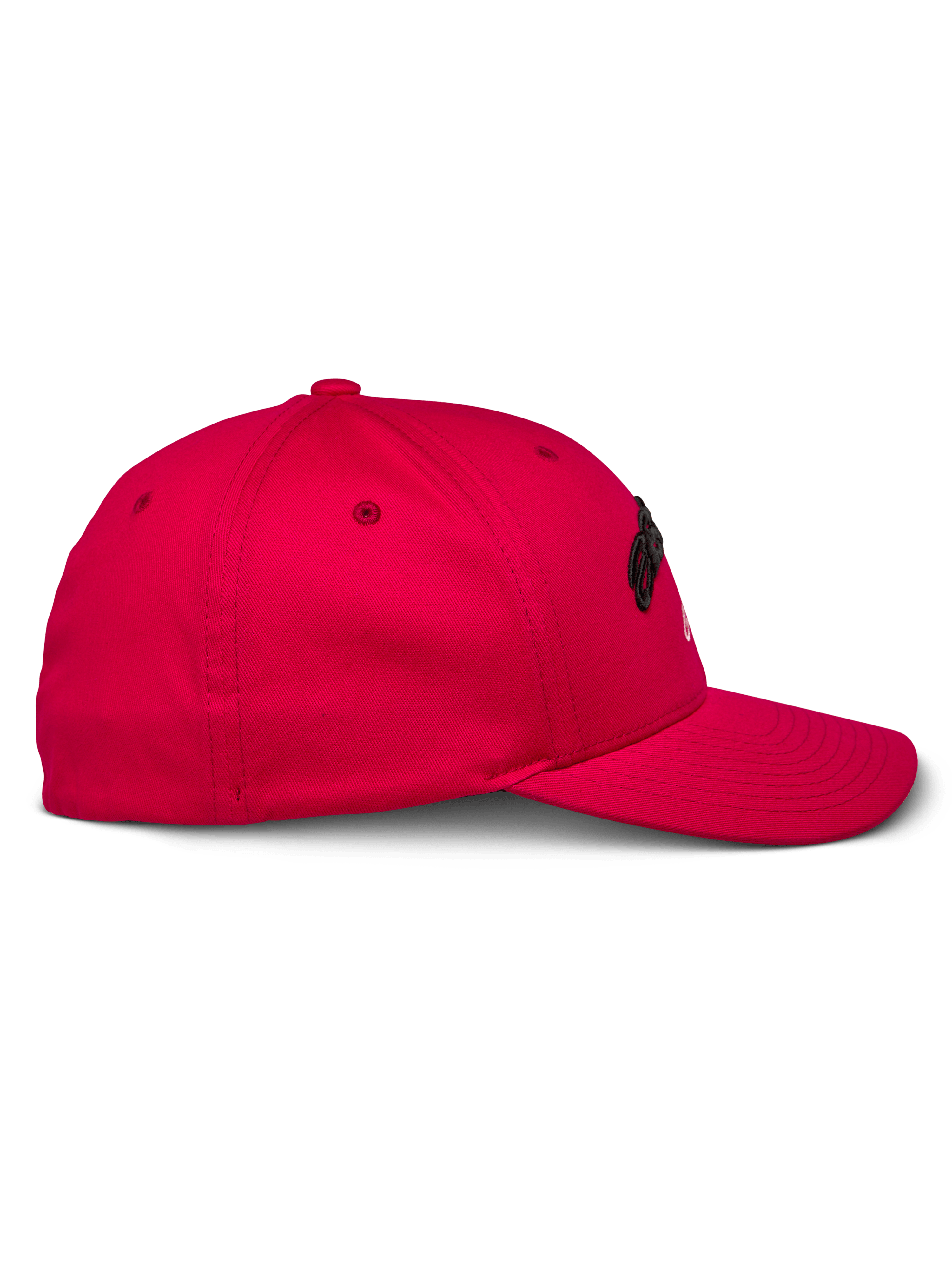 Alpinestars Arcstars pet, rood, zijaanzicht, gestructureerde baseballcap met gebogen klep, stretch twill materiaal, zwart 3D-borduurwerk, casual sportkleding
