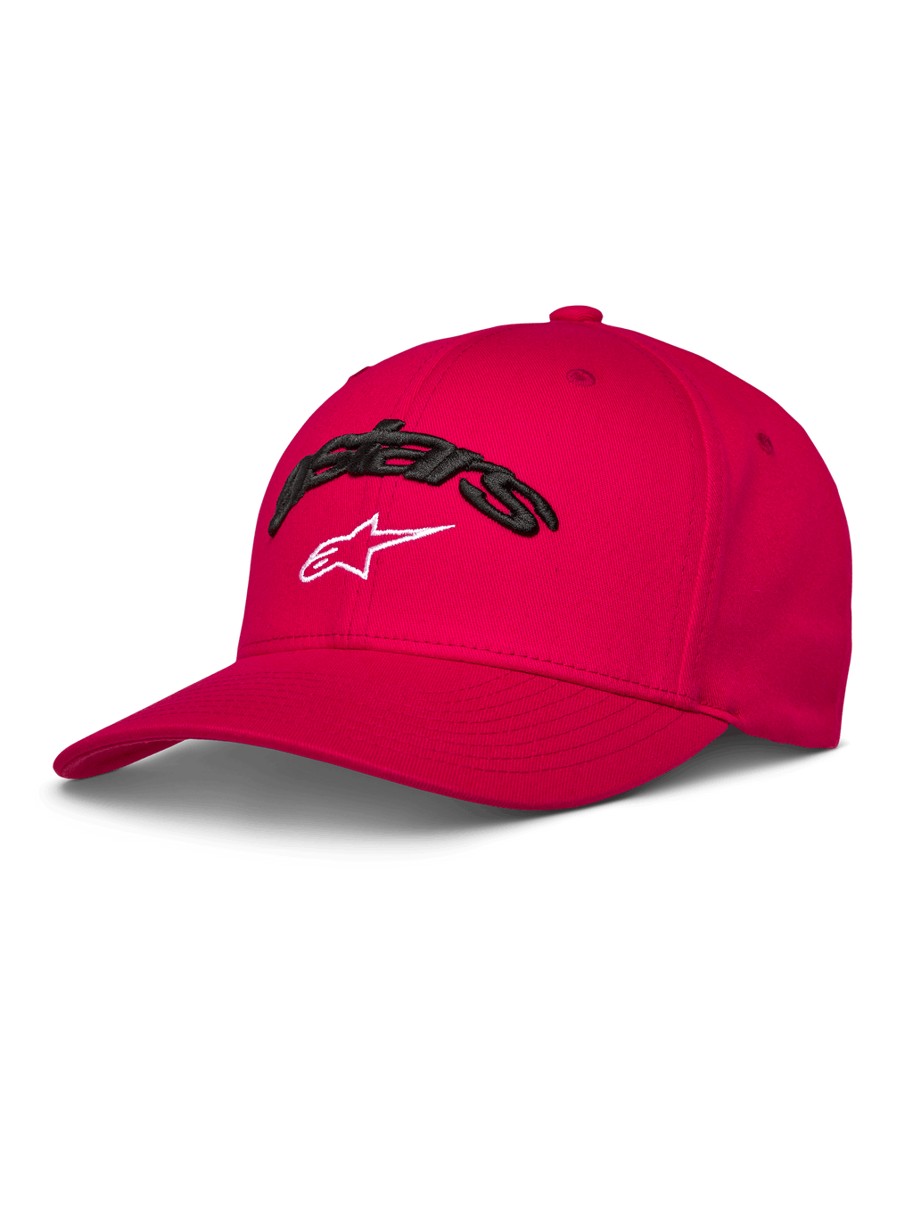 Alpinestars Arcstars pet, rode honkbalpet, gebogen klep en gestructureerde kroon, zwart 3D Astars borduurwerk met wit sterlogo, casual motorsport sportkleding
