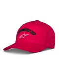 Alpinestars Arcstars pet, rode honkbalpet, gebogen klep en gestructureerde kroon, zwart 3D Astars borduurwerk met wit sterlogo, casual motorsport sportkleding