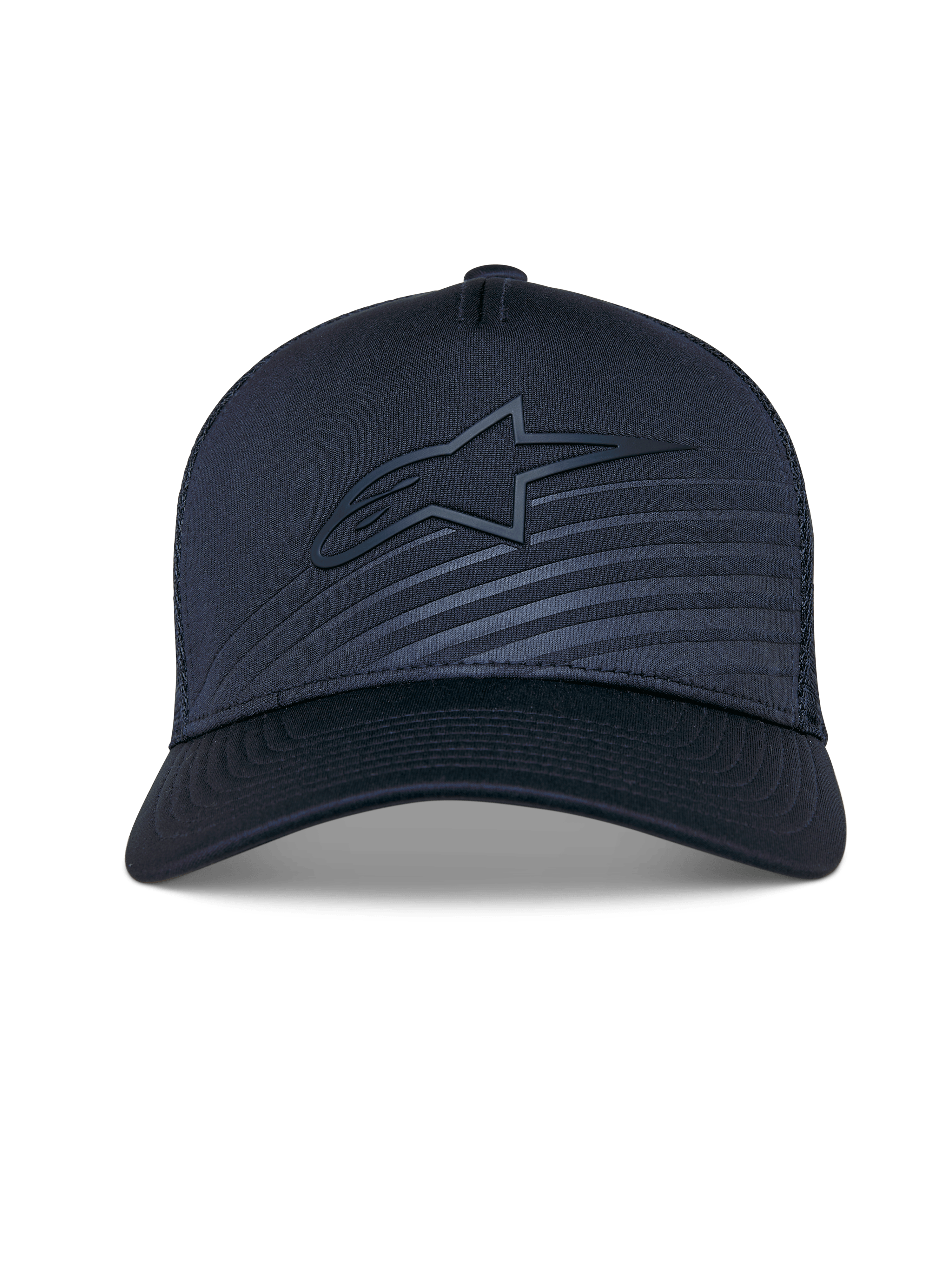Alpinestars Delane pet, gestructureerde baseballcap, marineblauw, gebogen klep met ton-sur-ton Alpinestars-logo en reflecterende transferpatch, mesh achterkant voor ventilatie, performance sportaccessoire