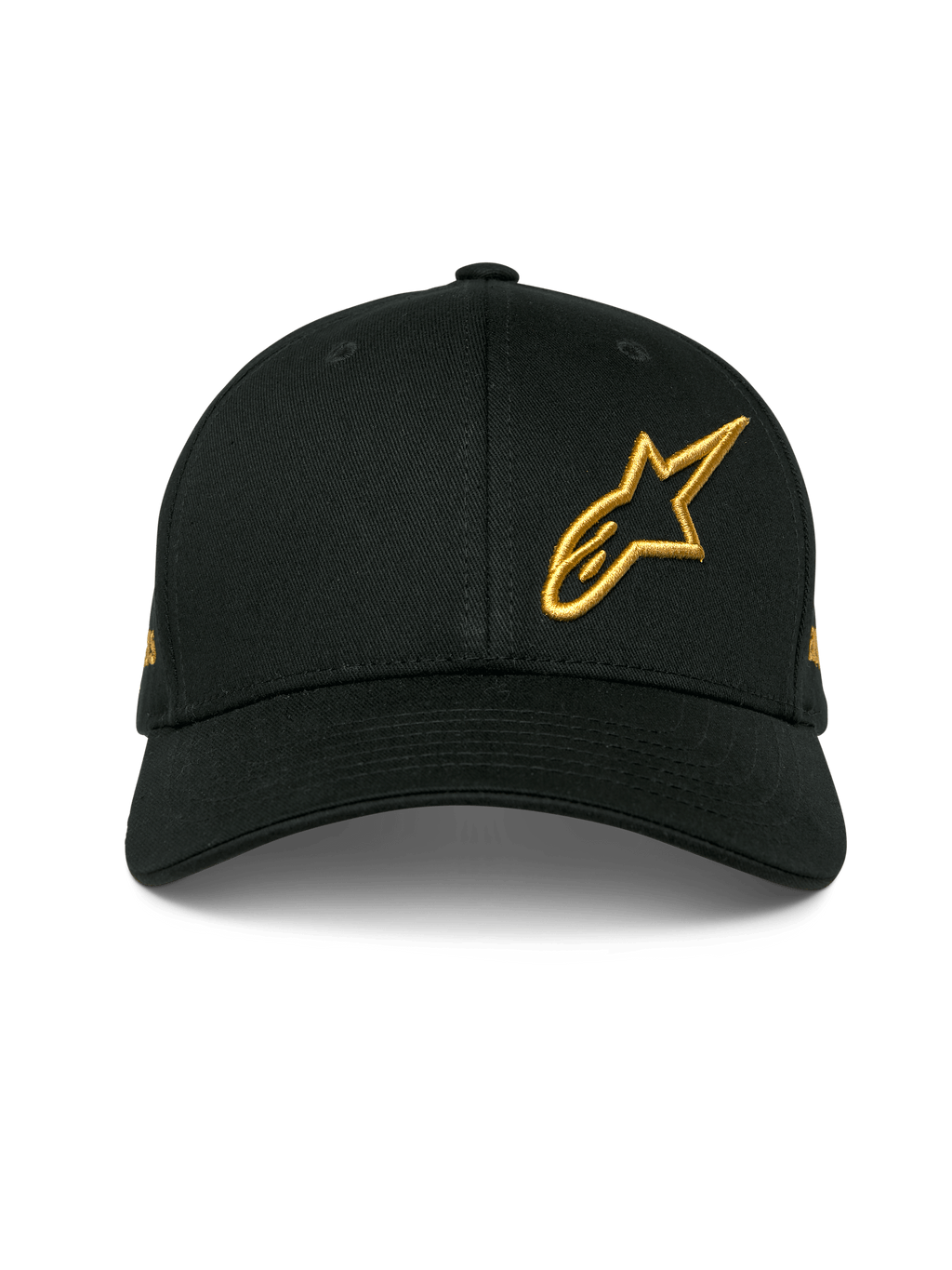 Alpinestars Sessionized pet, zwarte snapback cap met gebogen klep, goud 3D geborduurd Astars-logo linksvoor, gestructureerd ontwerp van katoenen keperstof, casual motorsport-hoofddeksel