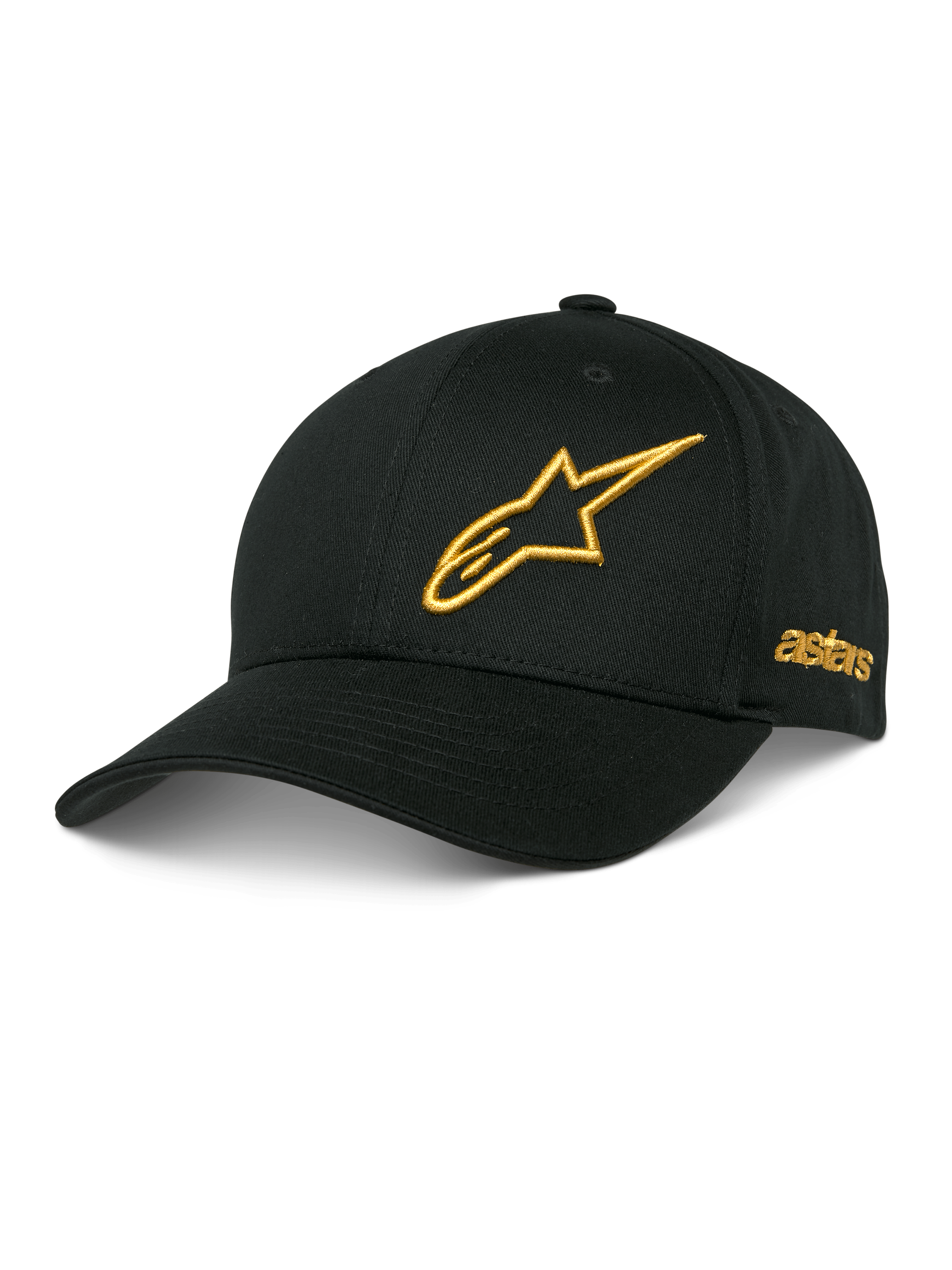 Alpinestars Sessionized pet, zwarte baseballcap, goudkleurig 3D-geborduurd sterlogo, gebogen klep, 'astars' borduurwerk aan de zijkant, casual motorsport hoofdbedekking