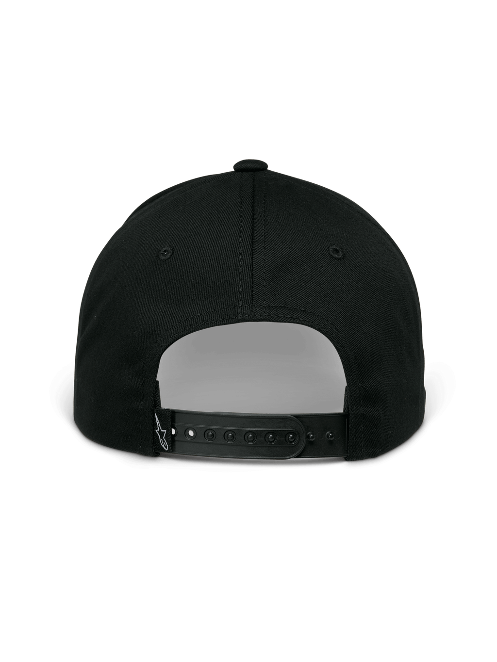 Alpinestars Profile pet, zwart, achteraanzicht met verstelbare snapback-sluiting, gestructureerde kroon en klein wit geborduurd logo op de achterband, casual sportkleding.